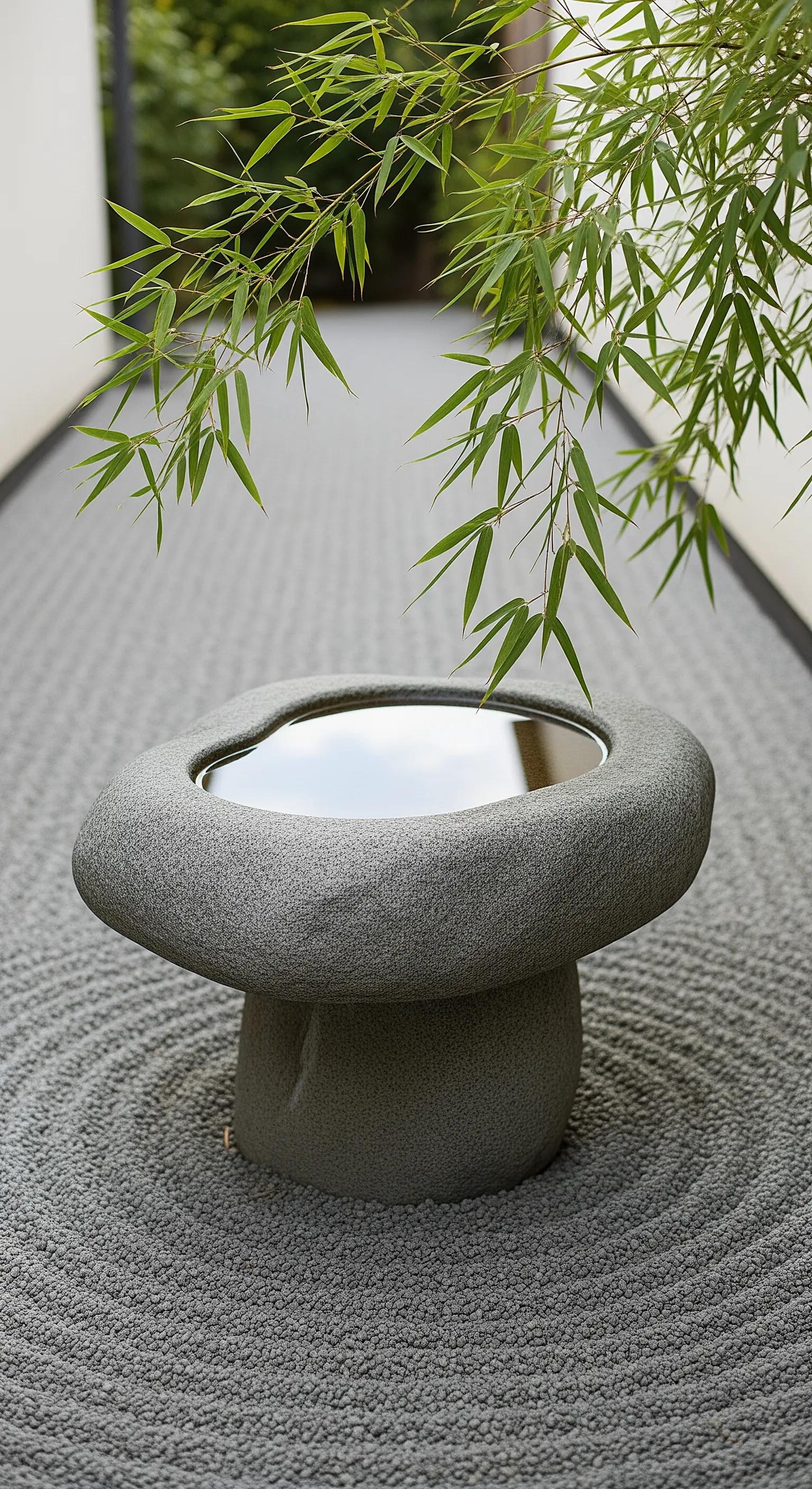 Flaches Stein-Vogelbad auf gerakeltem Kies mit Bambusblatt