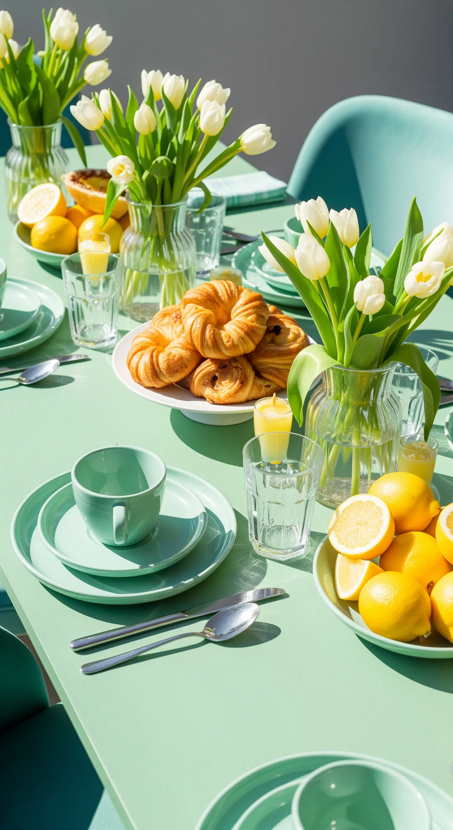 Mintgrüner Tisch mit weißen Tulpen, Zitronen und passendem Geschirr