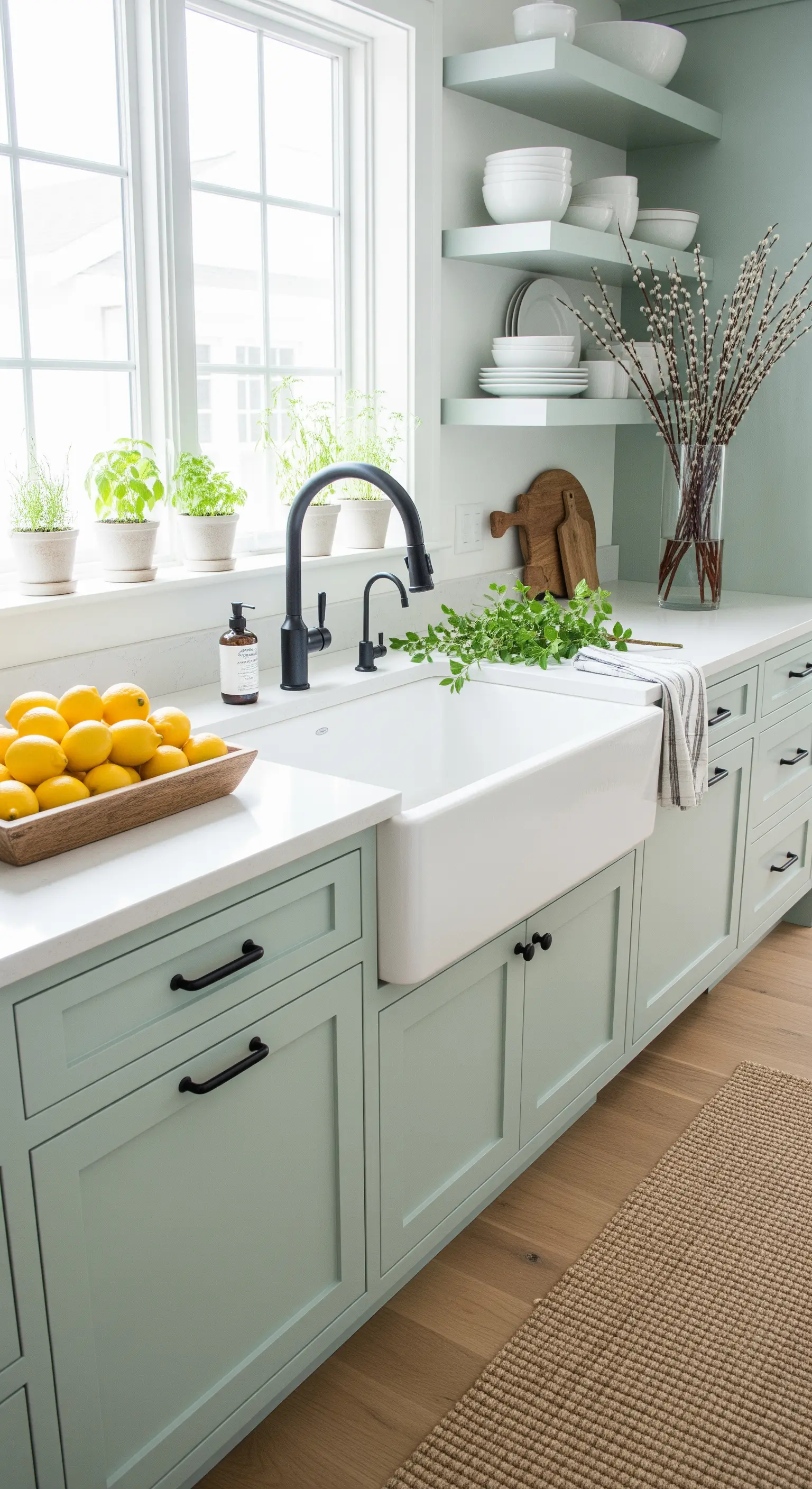 Minzgrüne Küchenschränke, weiße Spüle, Zitronen und Kräuter auf der Fensterbank