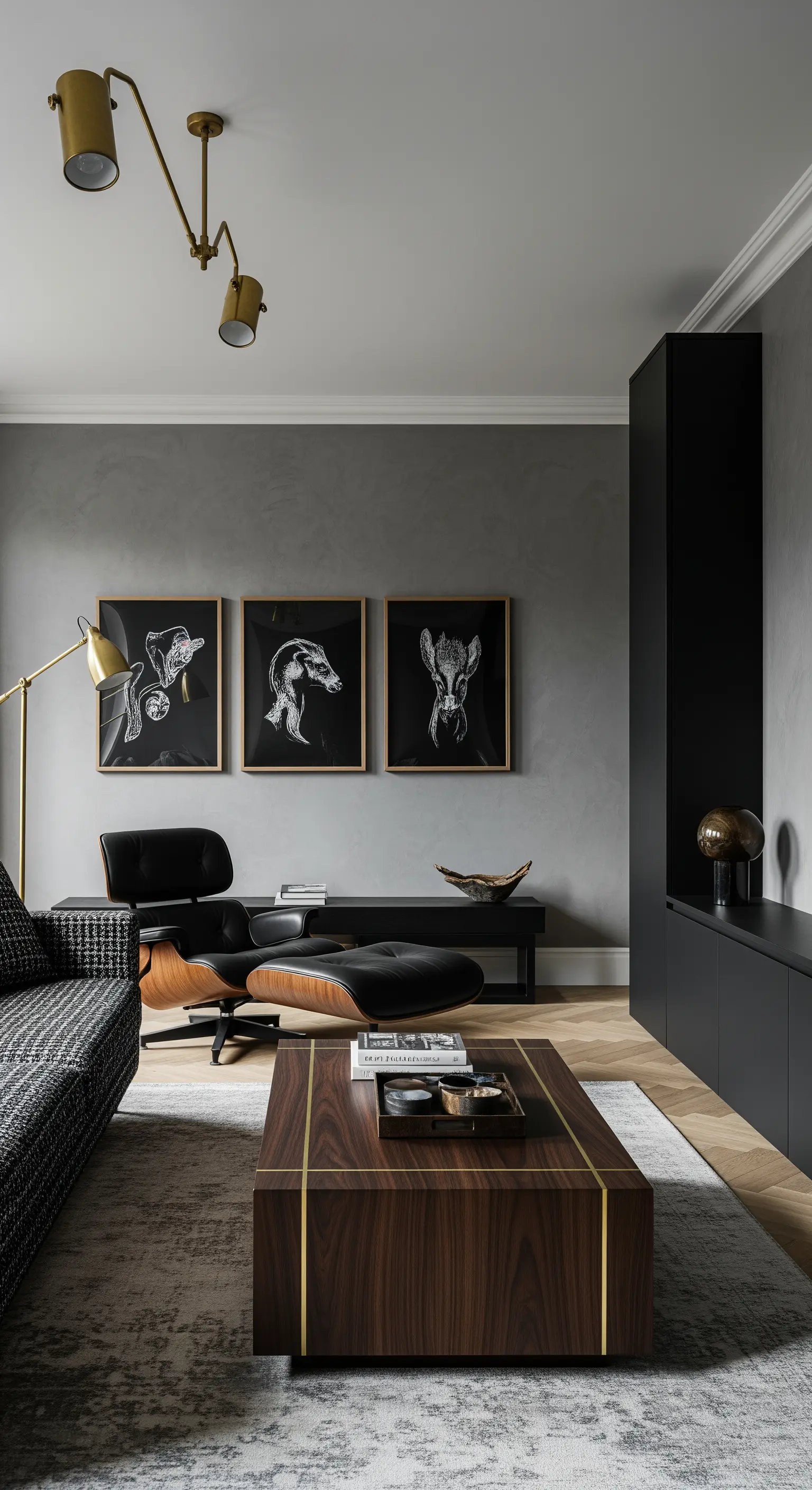 Modernes Wohnzimmer mit grauen Wänden, einem Holztisch mit Goldeinlagen und schwarzen Ledermöbeln.