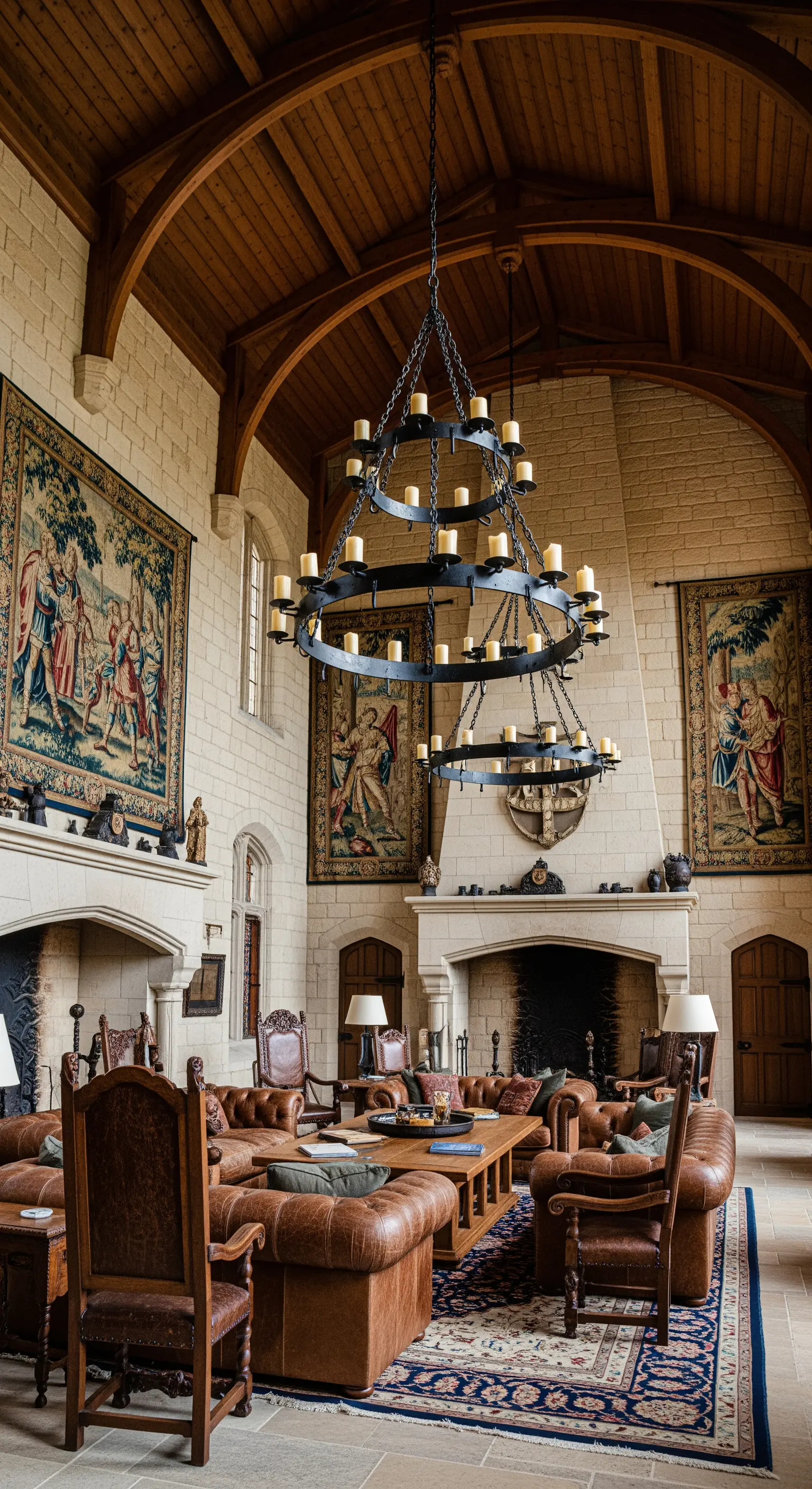 Zwei große, ringförmige Kronleuchter aus schwarzem Eisen in einer Halle im mittelalterlichen Stil.