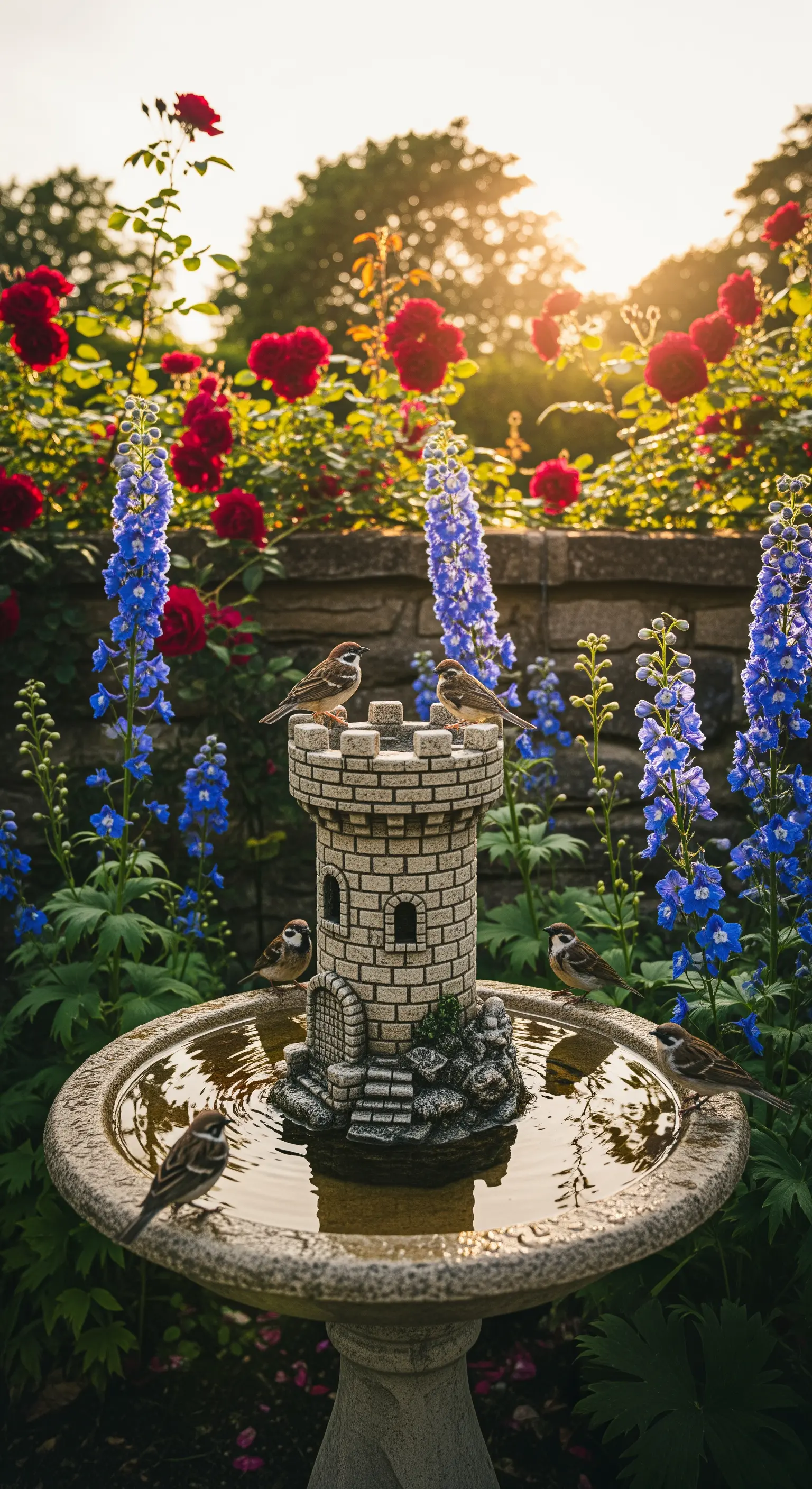 Vogeltränke mit kleinem Burgturm in einem Beet aus roten Rosen und blauem Rittersporn