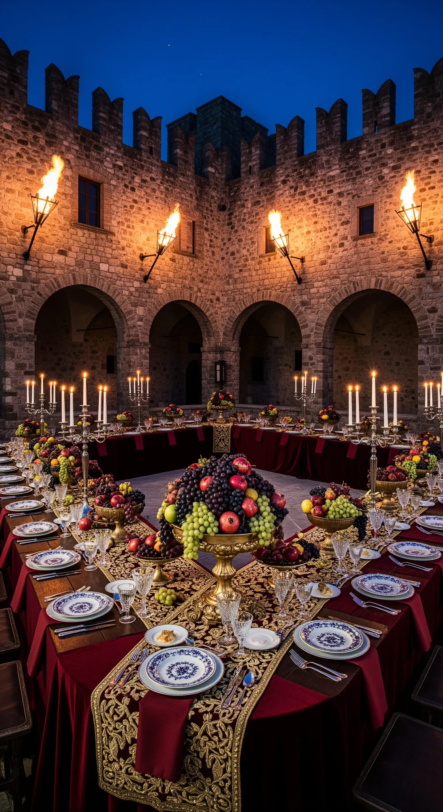 Burg-Tafel mit rotem Gold-Brokat, riesigen Früchten, Fackeln und Porzellan mit blauen Mustern