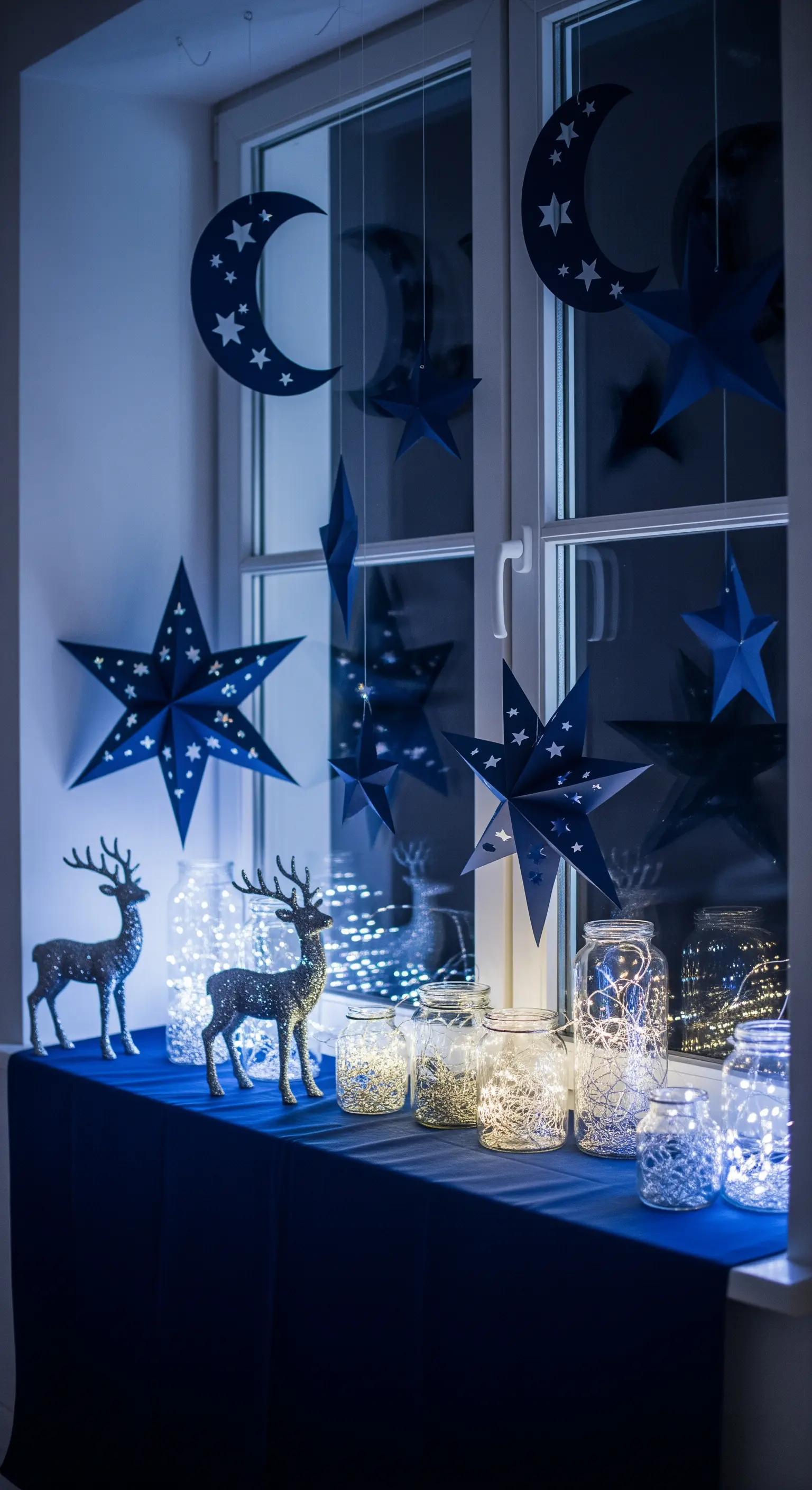 Fenster mit blauen Sternen und Monden, leuchtenden Mason Jars und silbernen Hirschfiguren auf blauer Unterlage