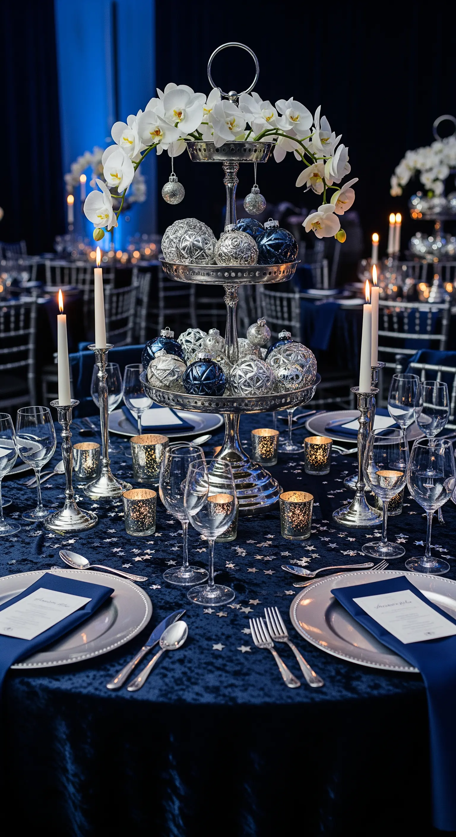 Runder Tisch mit blauer Samtdecke, silberner Etagere und Orchideen