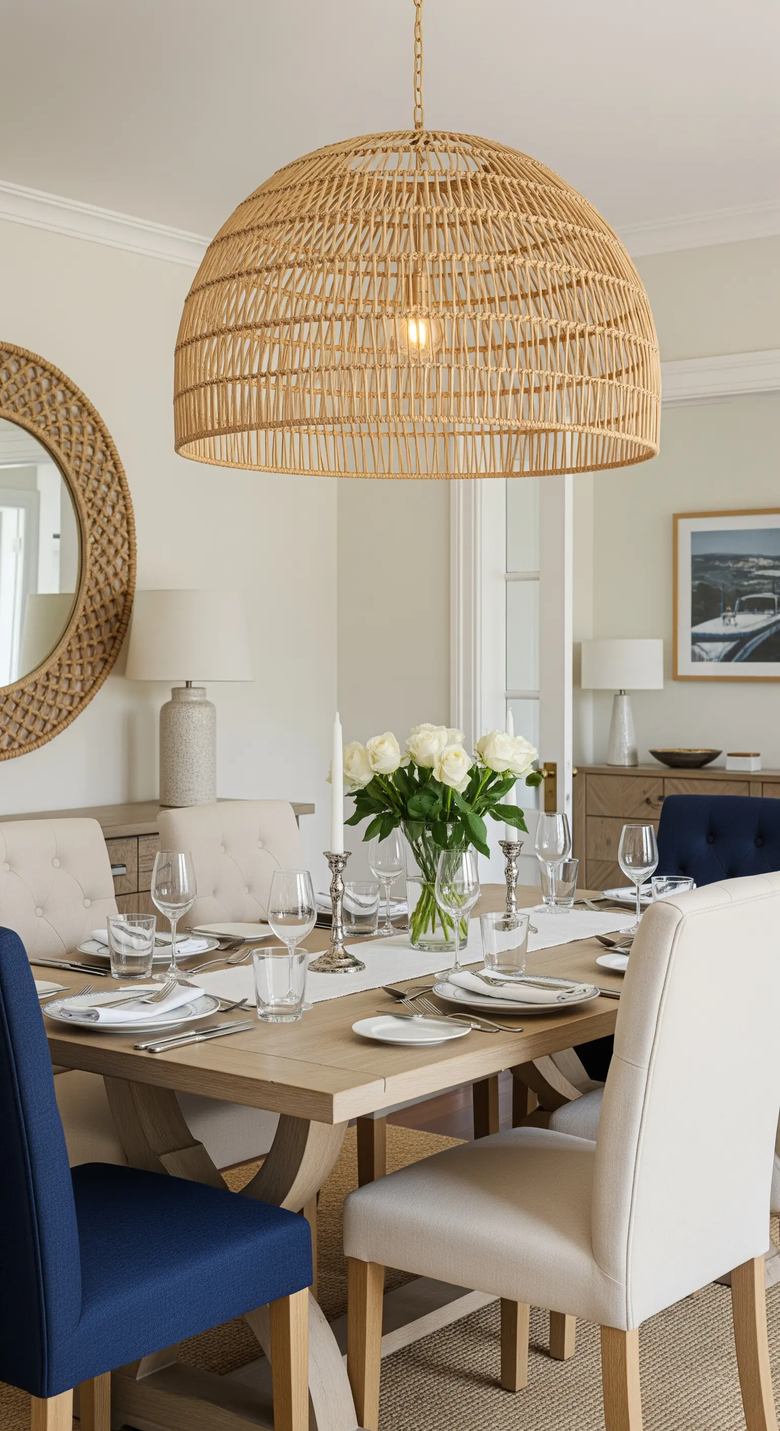 Esszimmer, Rattan-Pendelleuchte, Mix-Match-Stühle, Rattan-Spiegel