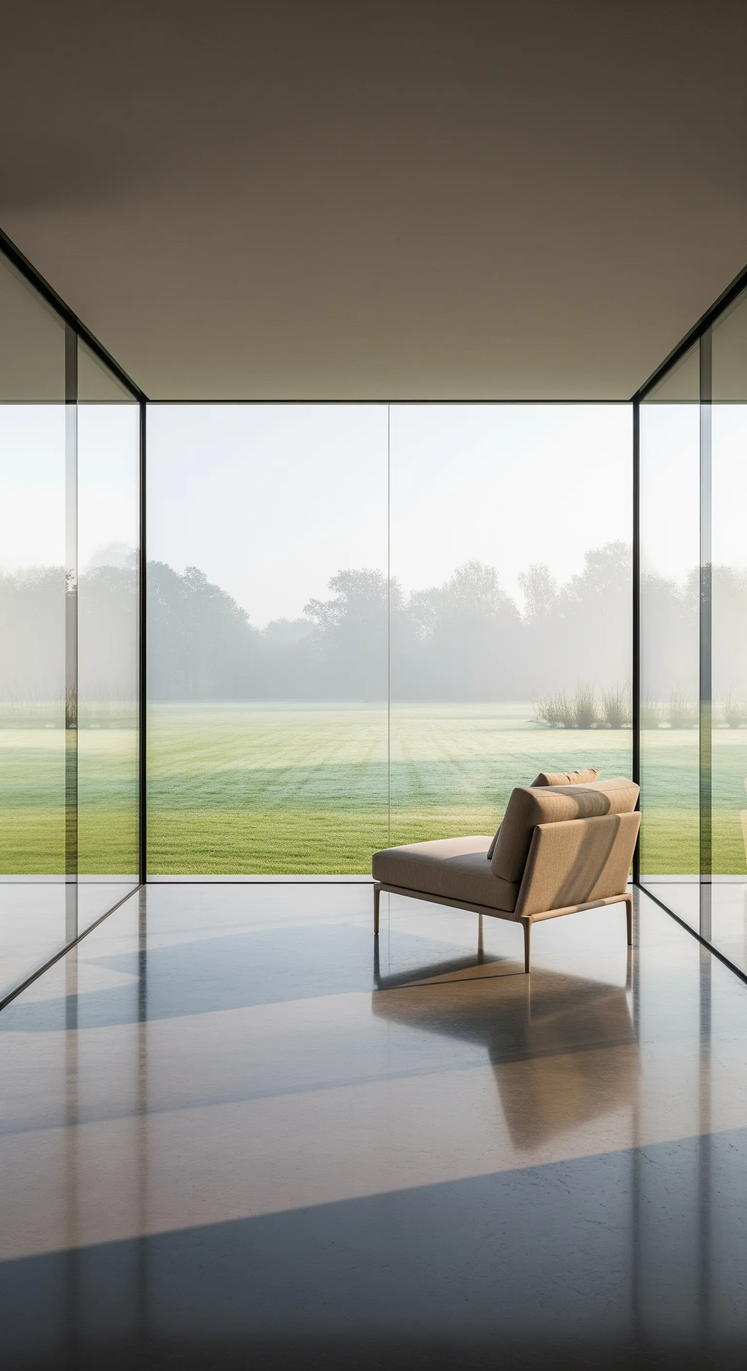 Eine Chaiselongue in einem Raum mit Glaswänden, die den Blick in die Natur lenkt.