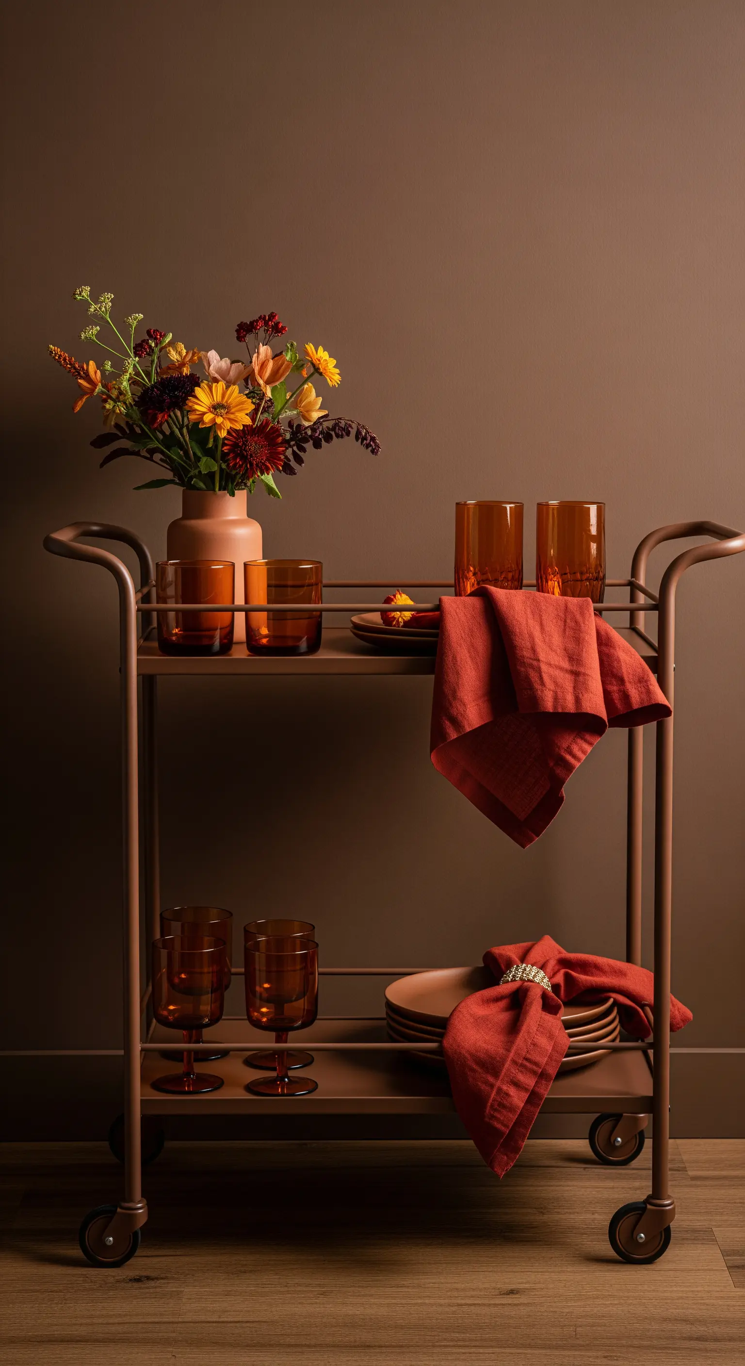 Mobiler Servierwagen in Mocha mit herbstlichen Blumen und Geschirr