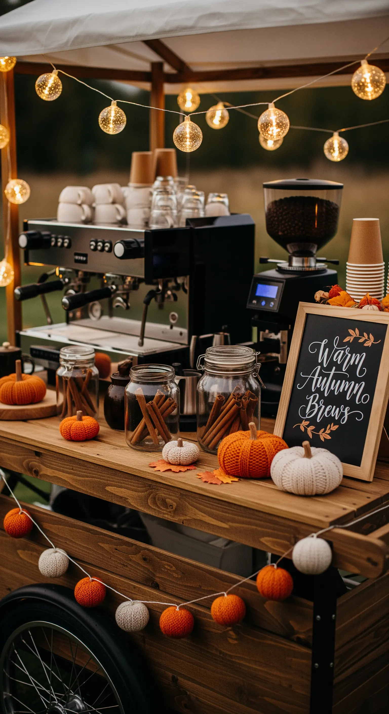 Mobile Kaffeebar mit gestrickten Kürbissen, Zimtstangen, Lichterketten im Freien.