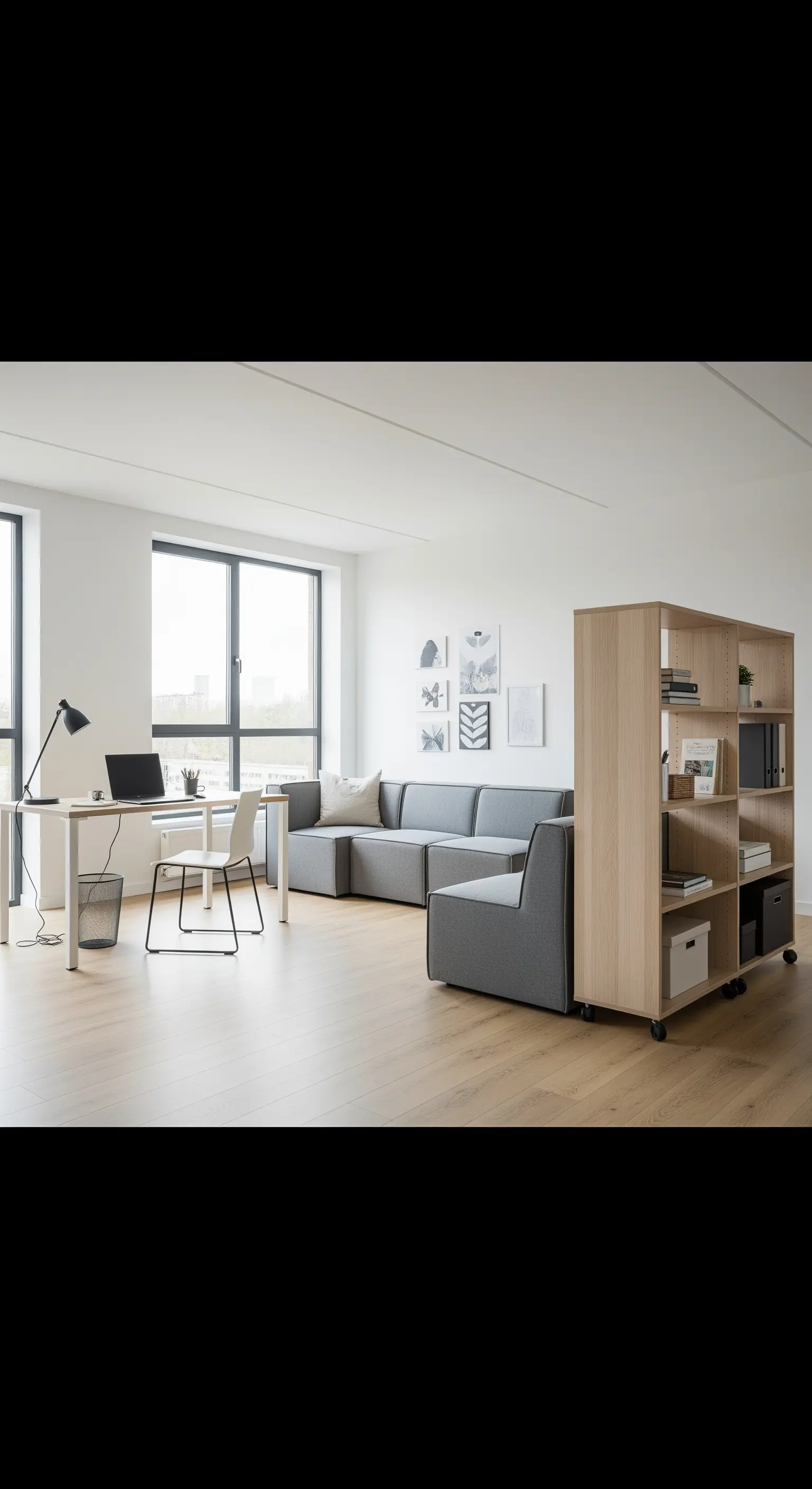 Helles Studio-Apartment mit einem mobilen Regal auf Rollen als Raumteiler und einem modularen Sofa.