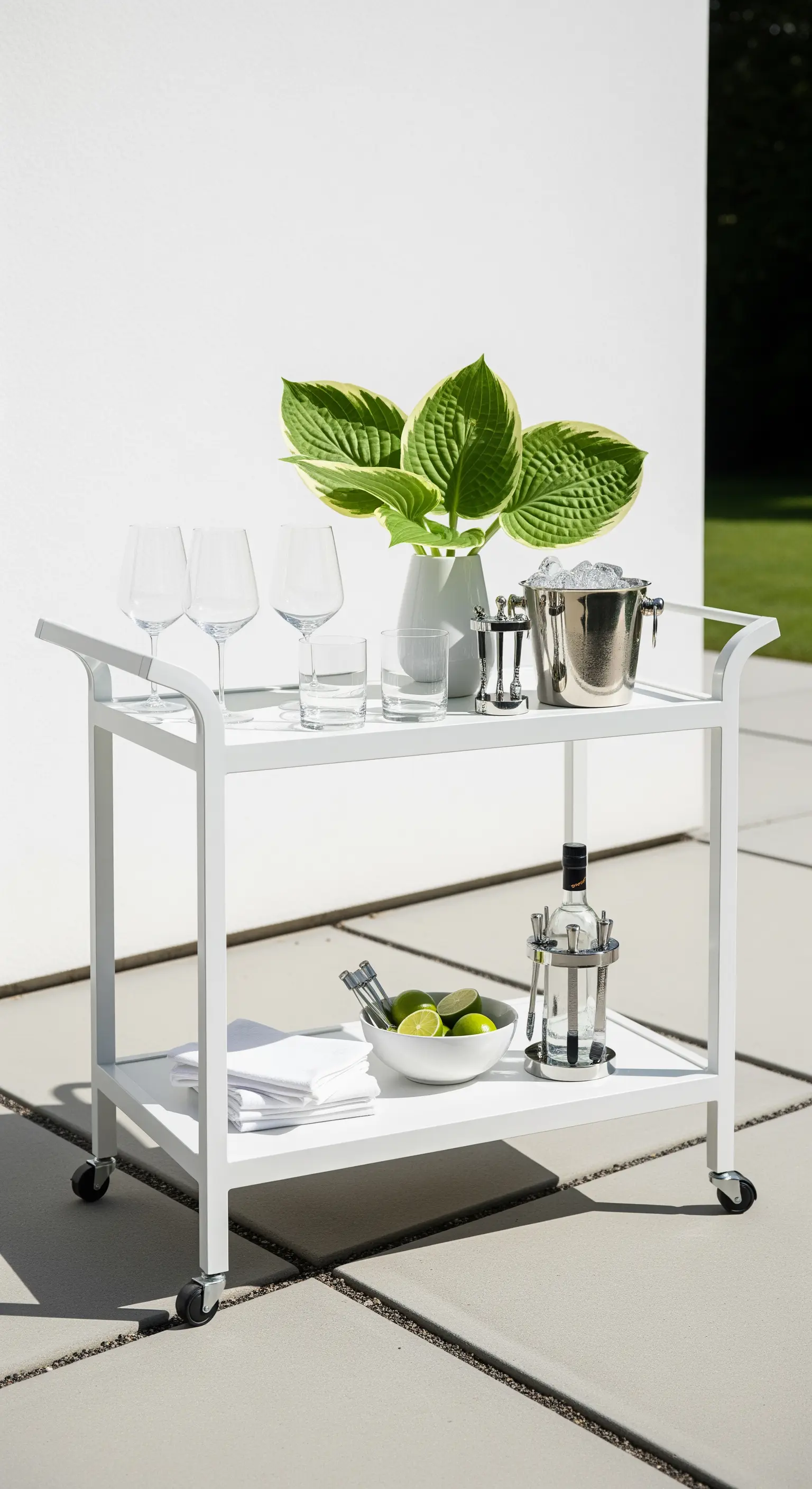 Weißer Barwagen mit Getränken, Gläsern und Hosta-Blättern