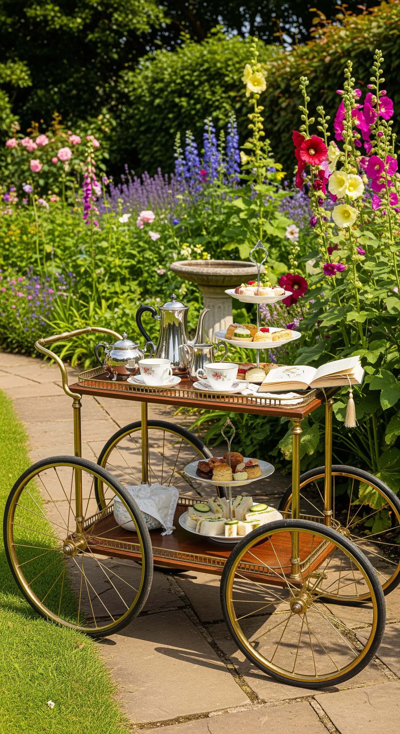 Vintage-Teewagen mit silbernem Teeservice und Gebäck auf einem Gartenweg