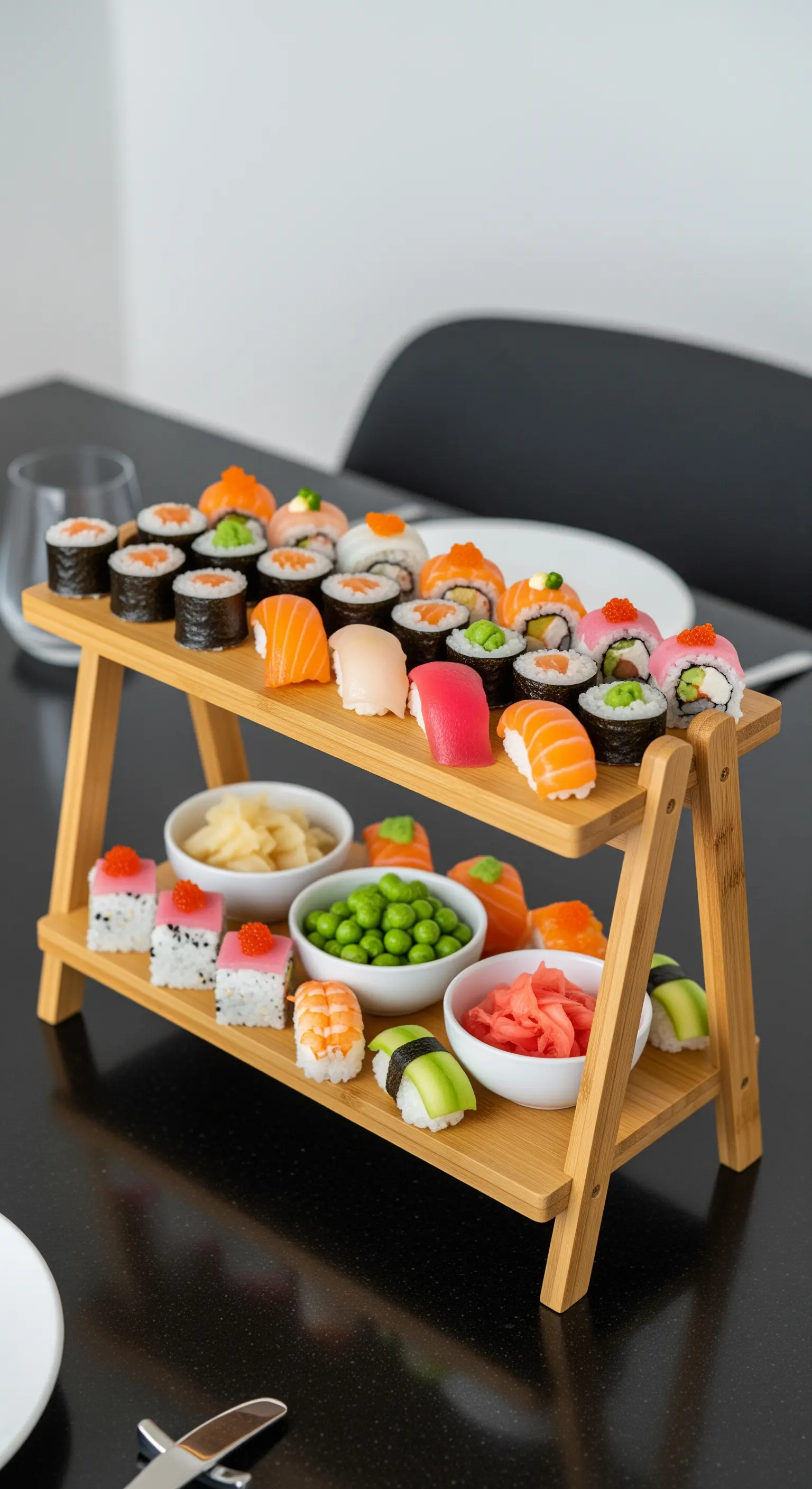 Zweistöckige Bambus-Etagere mit einer Auswahl an Sushi, Ingwer und Edamame.
