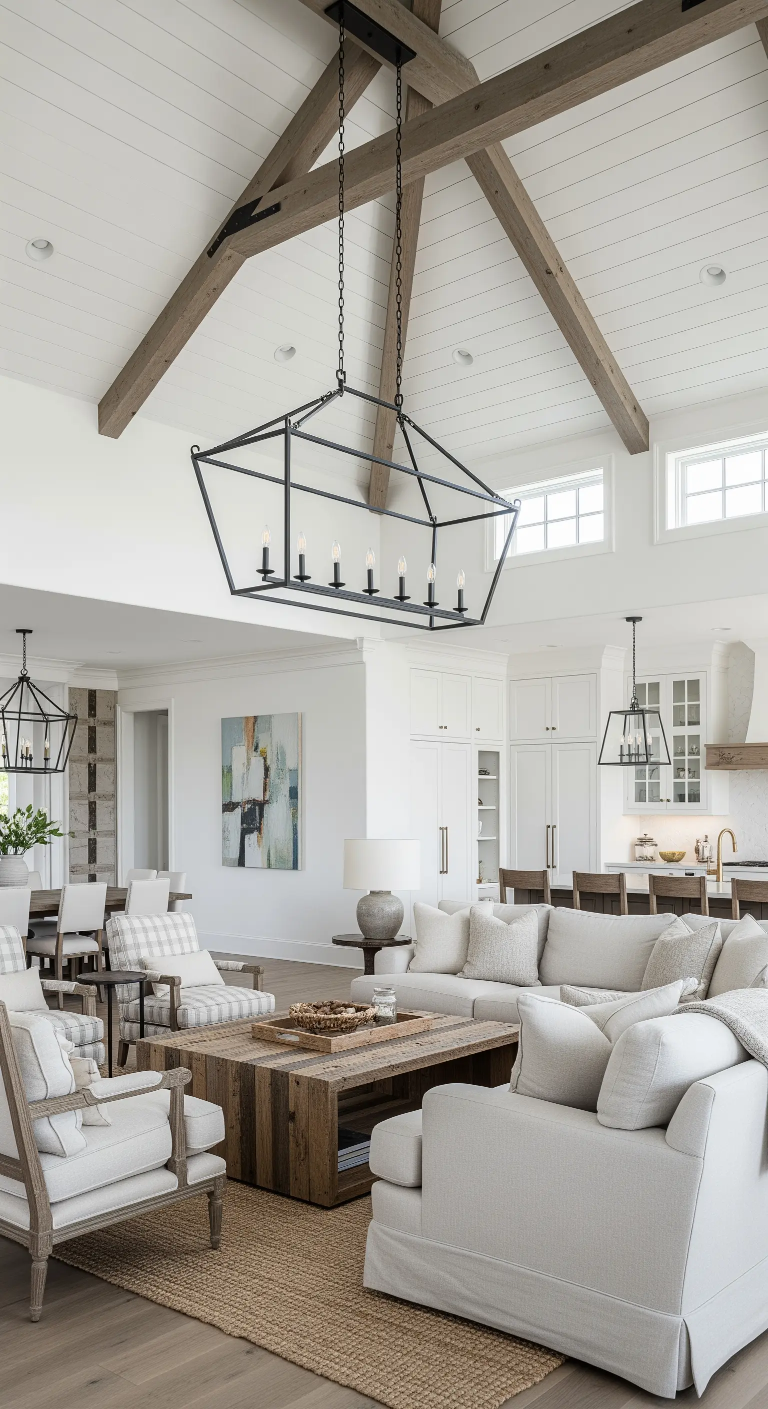 Geometrischer Kronleuchter aus schwarzem Metall in einem offenen Wohnbereich im Modern-Farmhouse-Stil.