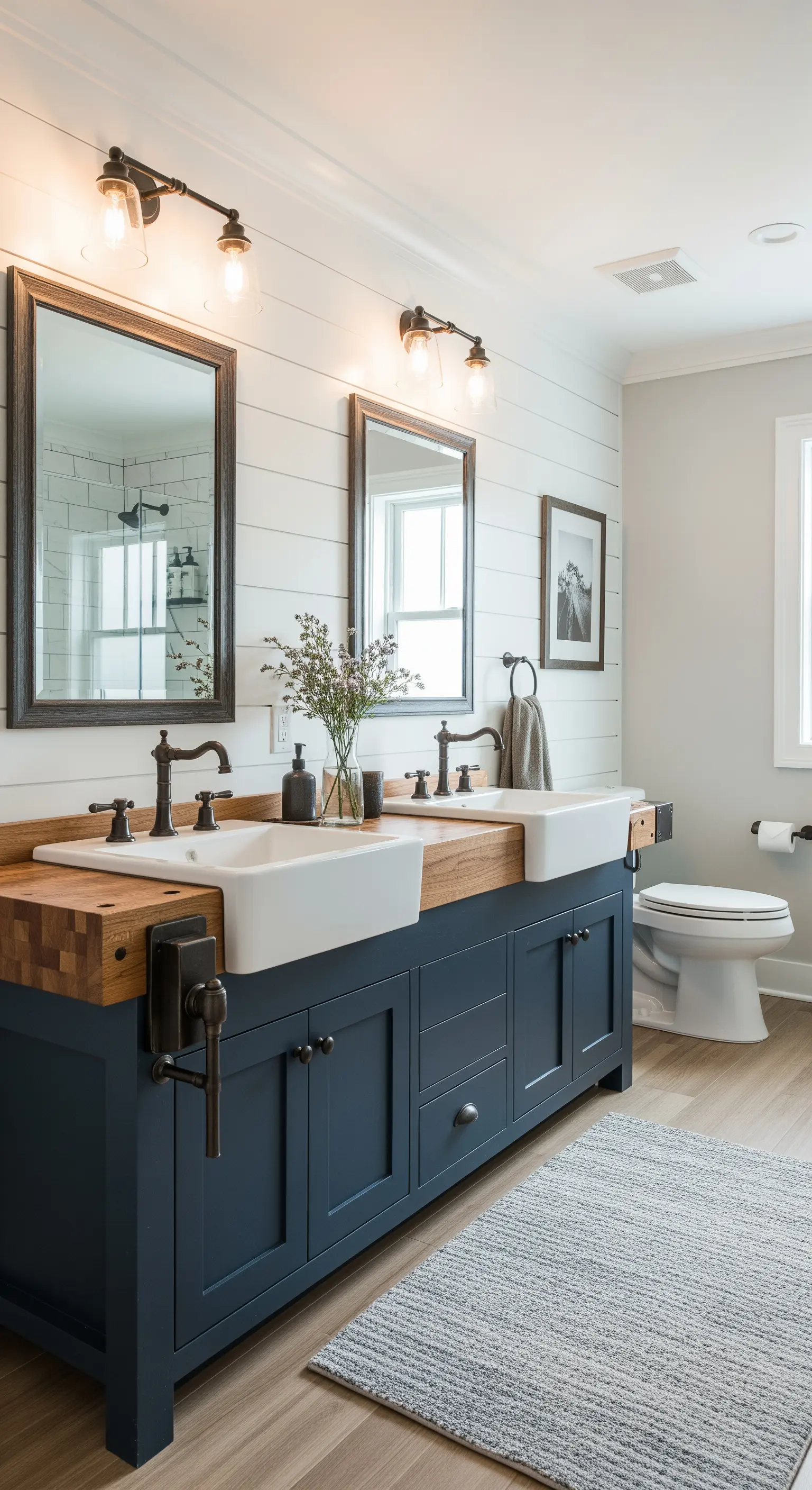 Marineblauer Farmhouse-Waschtisch mit dicker Holzplatte und Aufsatzwaschbecken.