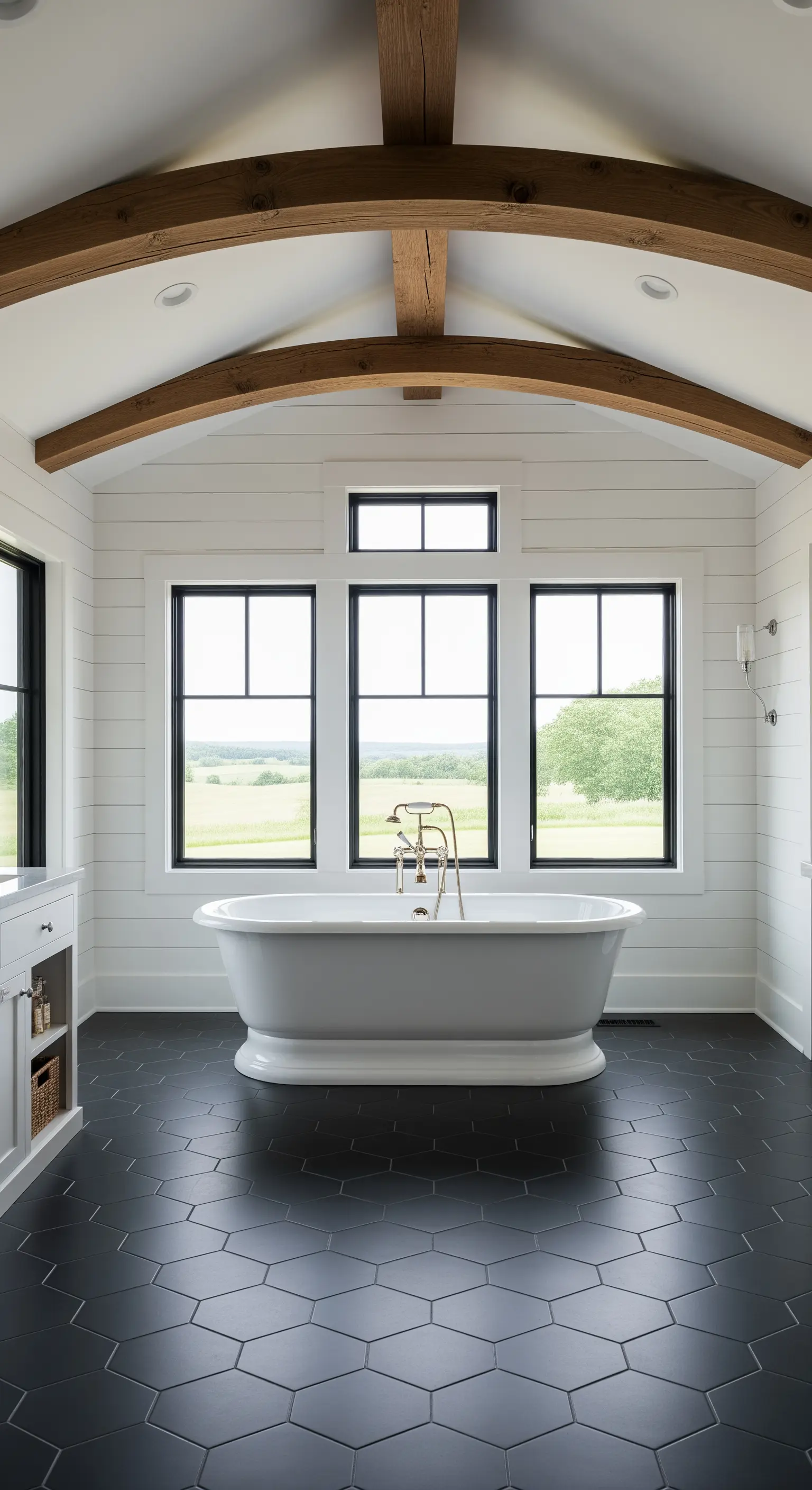 Weiße Badewanne auf schwarzen Hexagon-Fliesen in einem Badezimmer mit Holzbalken.