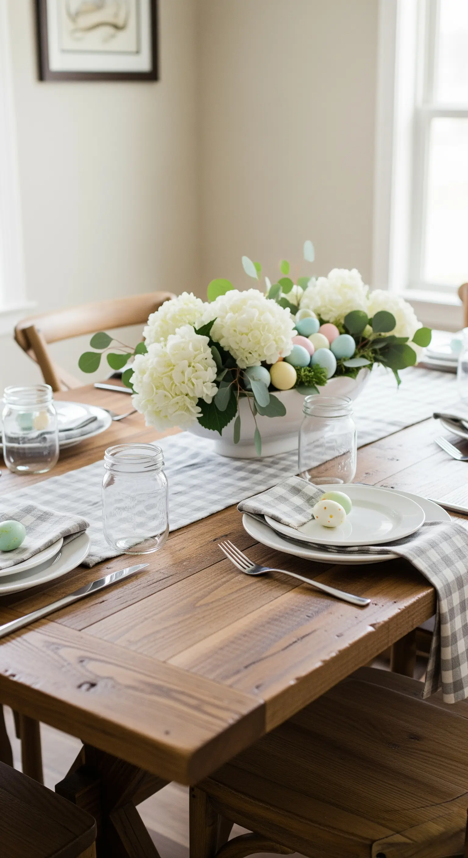 Ostertafel im Modern-Farmhouse-Stil mit Karomuster, Hortensien und Einmachgläsern.
