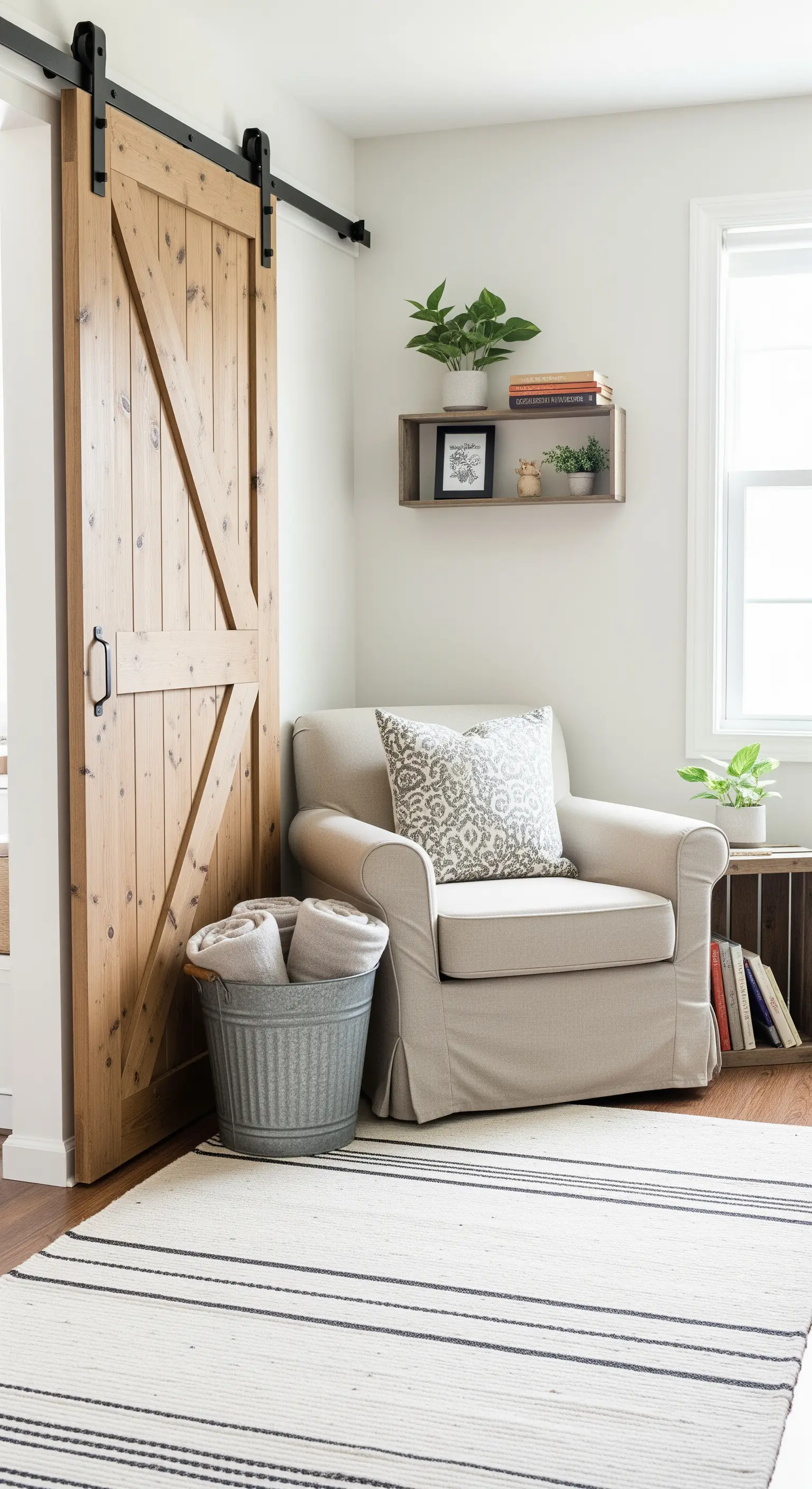 Leseecke im Landhausstil mit hellem Sessel, Scheunentor und minimalistischer Deko.