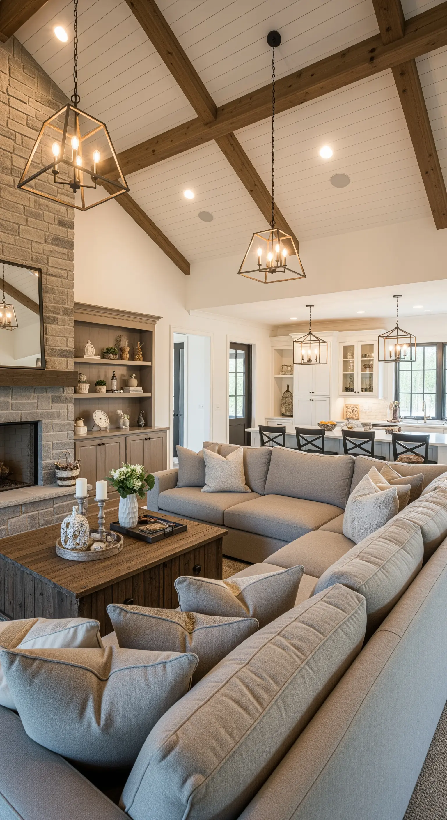 Große, beigefarbene Sofalandschaft in einem offenen Wohnbereich im modernen Landhausstil mit Holzbalken.