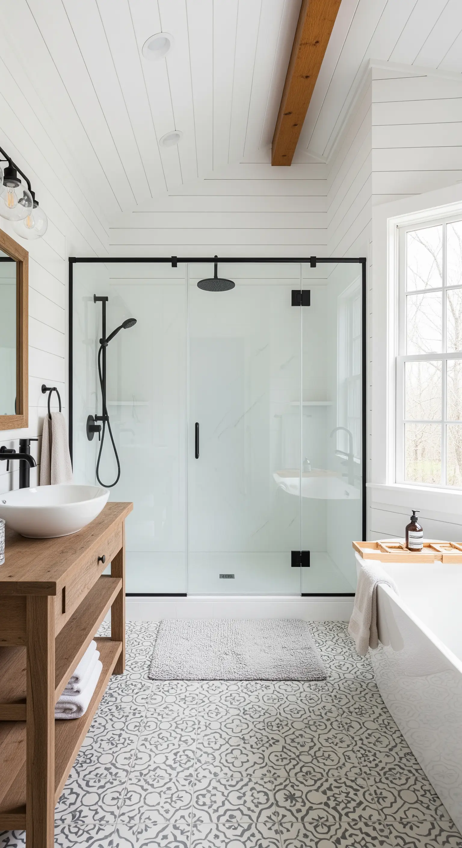 Modernes Farmhouse-Badezimmer mit Holzwand, gemusterten Fliesen und schwarzer Duschkabine