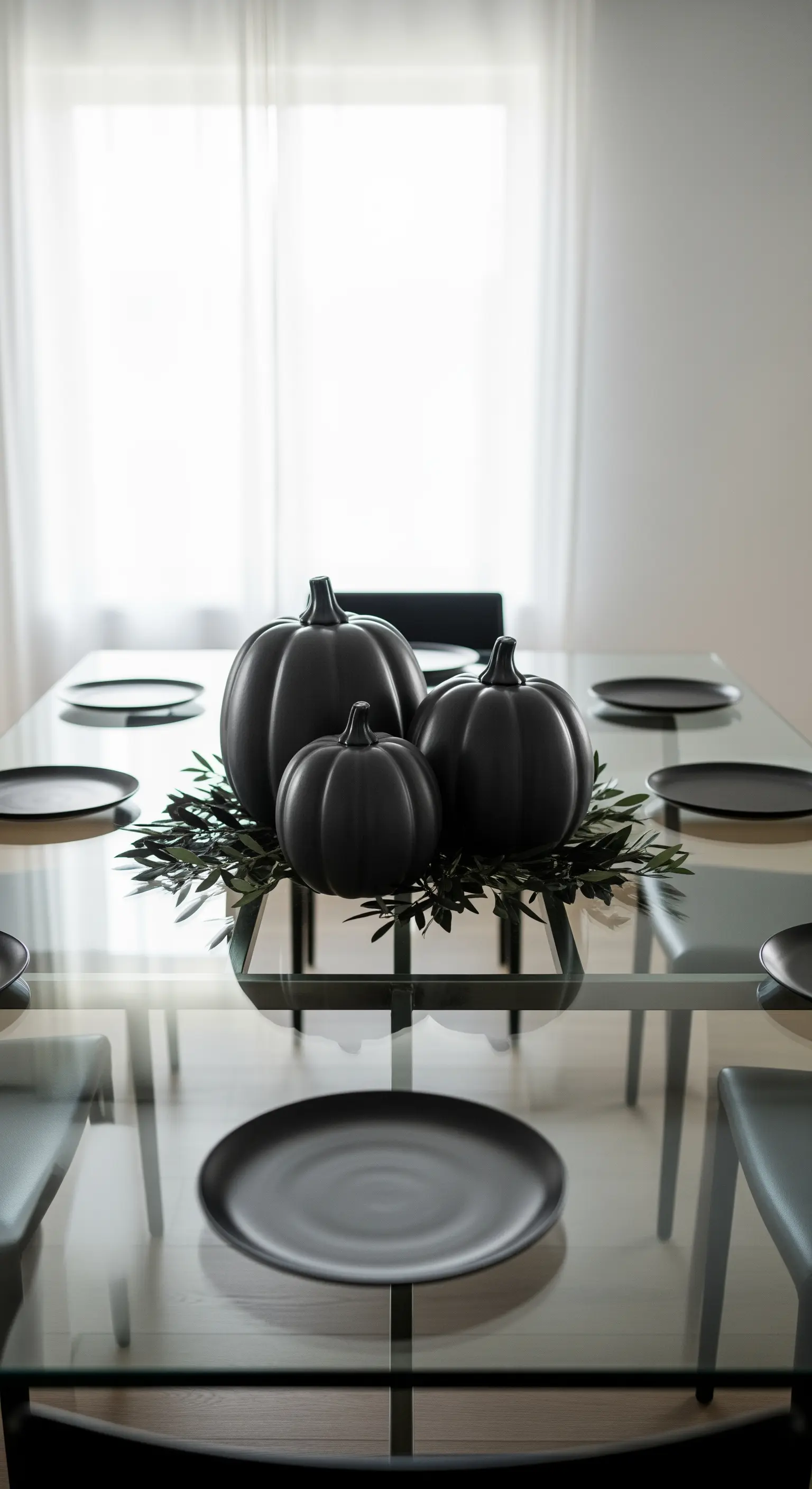 Glastisch mit schwarzem Metallständer, Grün und drei schwarzen Keramikkürbissen als Centerpiece.