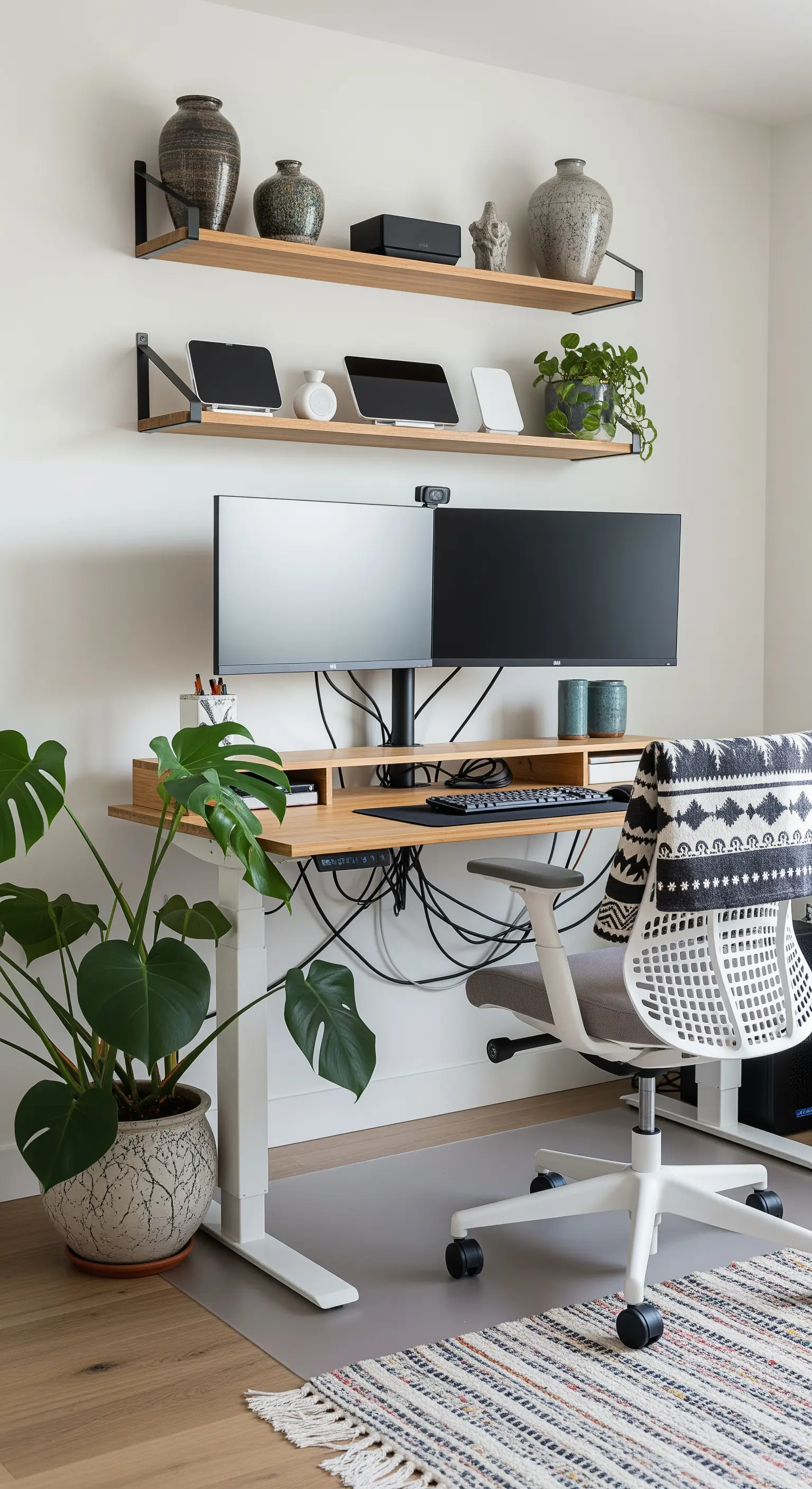Modernes Homeoffice mit Stehschreibtisch, Doppelmonitor und vielen Pflanzen.