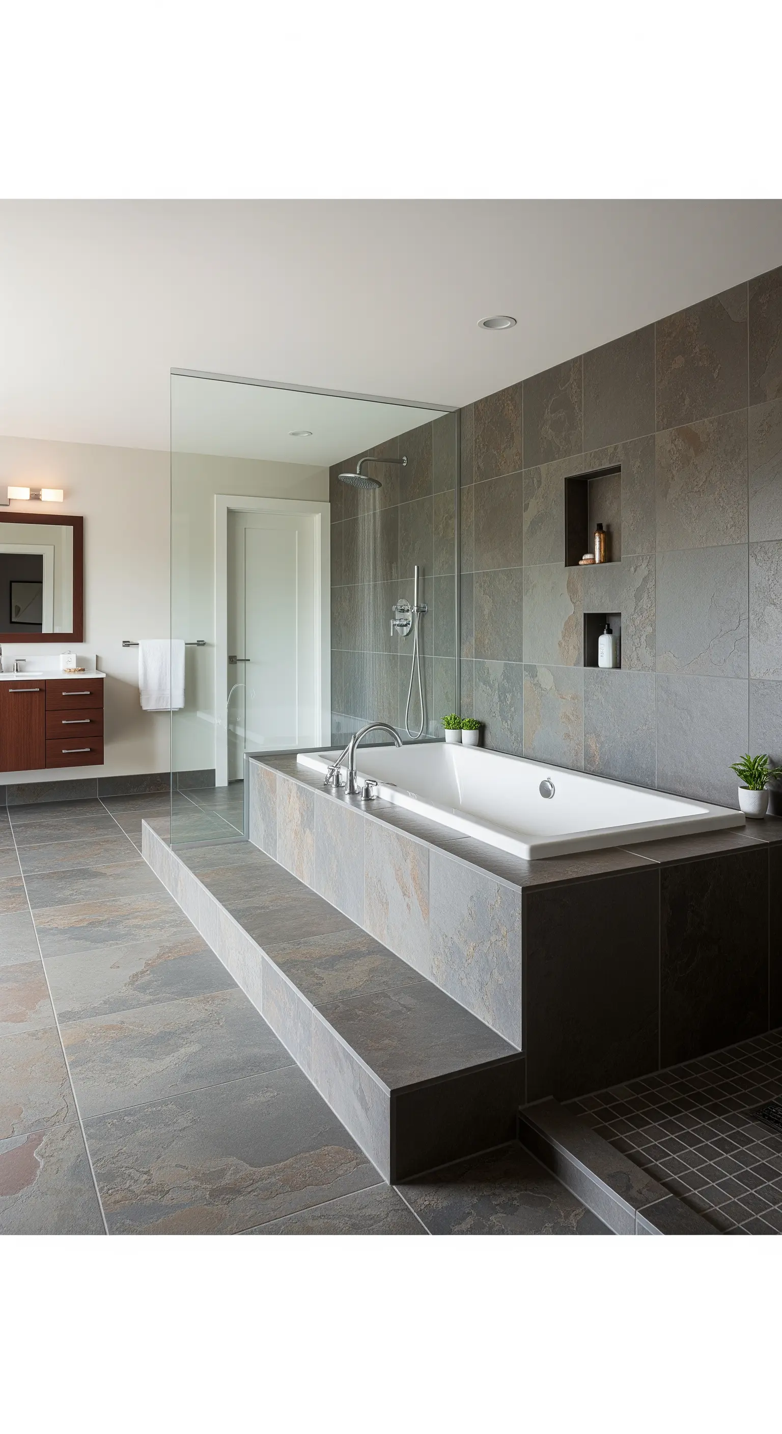 Modernes Bad mit einem gestuften Podest aus dunklen Schieferfliesen und integrierten Wandnischen