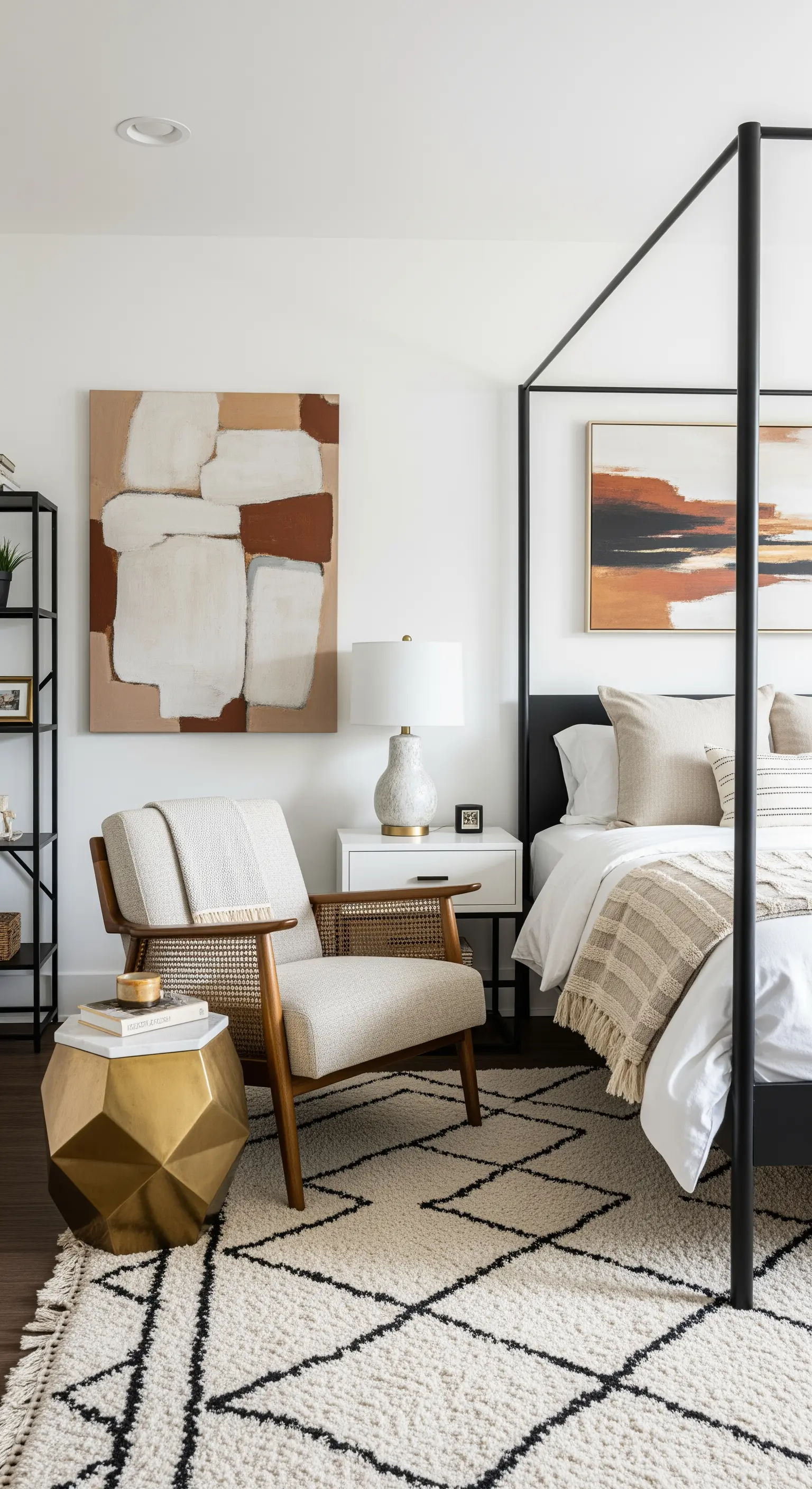 Moderne Leseecke mit Mid-Century-Sessel, geometrischem Teppich und abstraktem Bild.