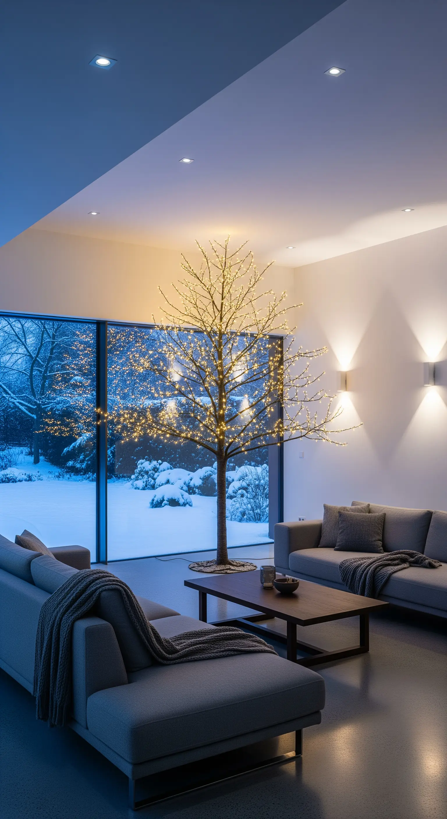 Modernes Wohnzimmer mit beleuchtetem LED-Baum vor Panoramafenster mit Winterlandschaft.