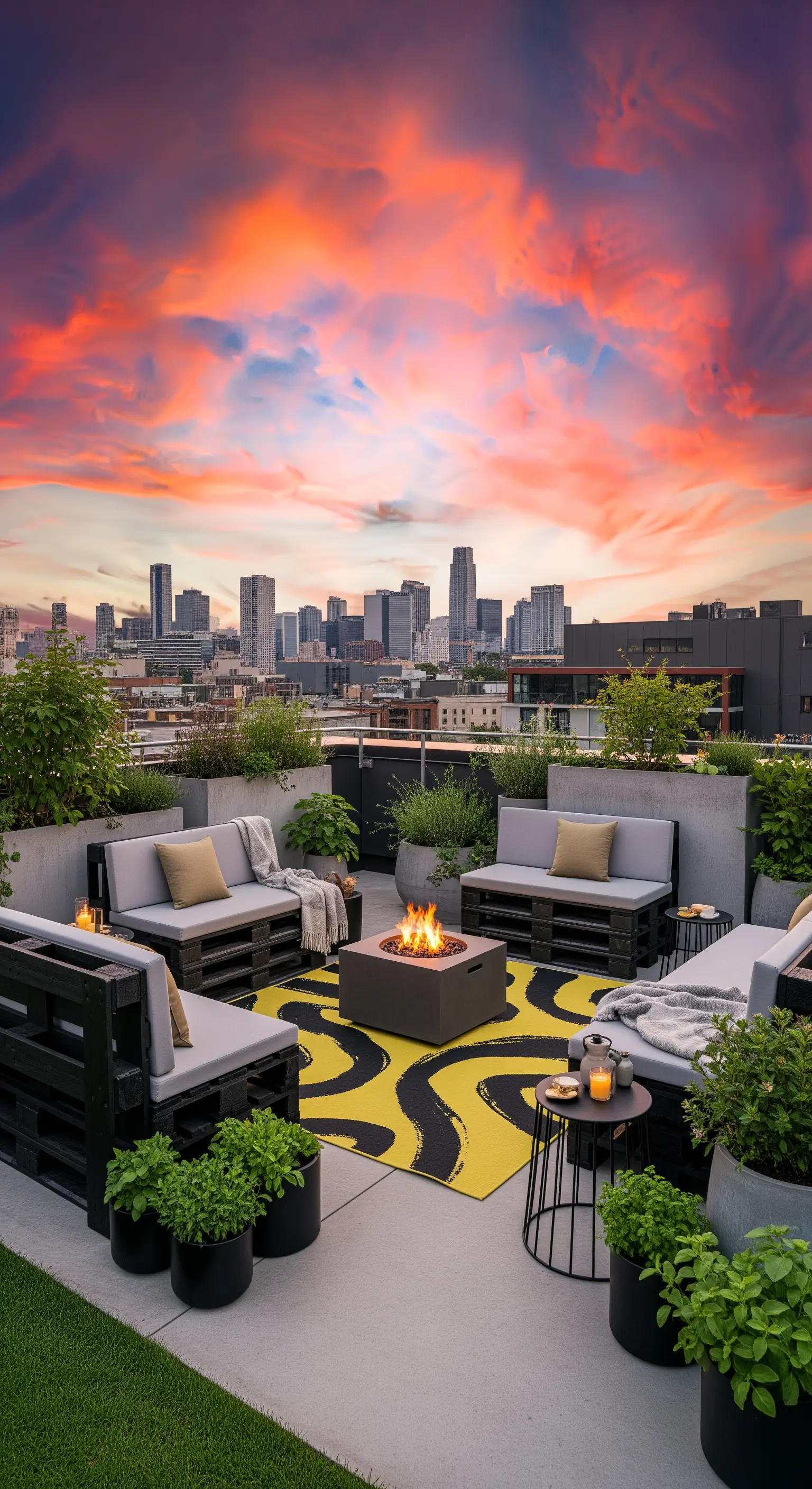 Dunkle Palettenlounge mit grauem Polster, gelb-schwarzem Teppich und Feuerstelle auf Dachterrasse.