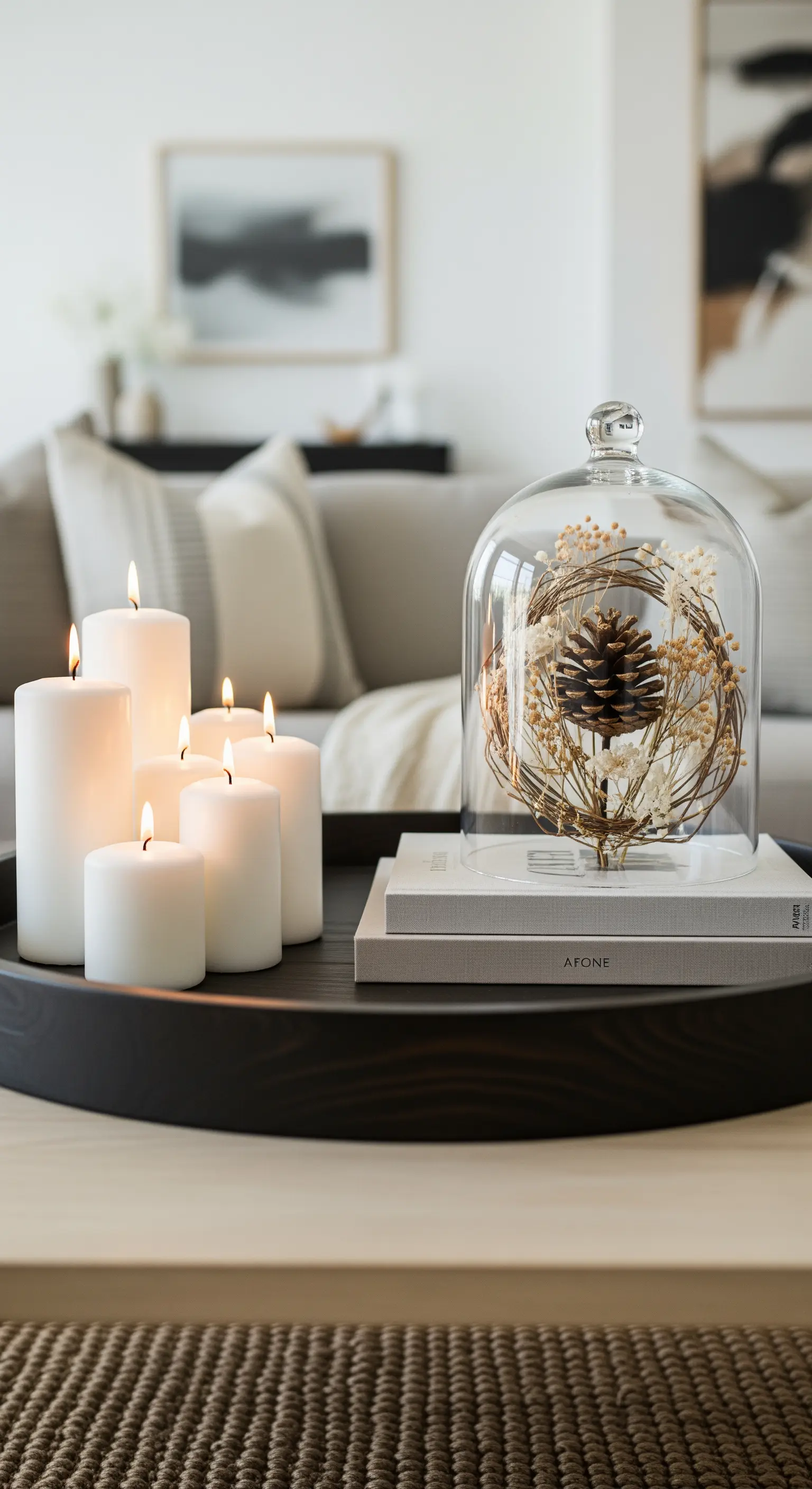 Glasglocke mit Tannenzapfen und Rattan-Kranz, daneben weiße Kerzen auf schwarzem Tablett