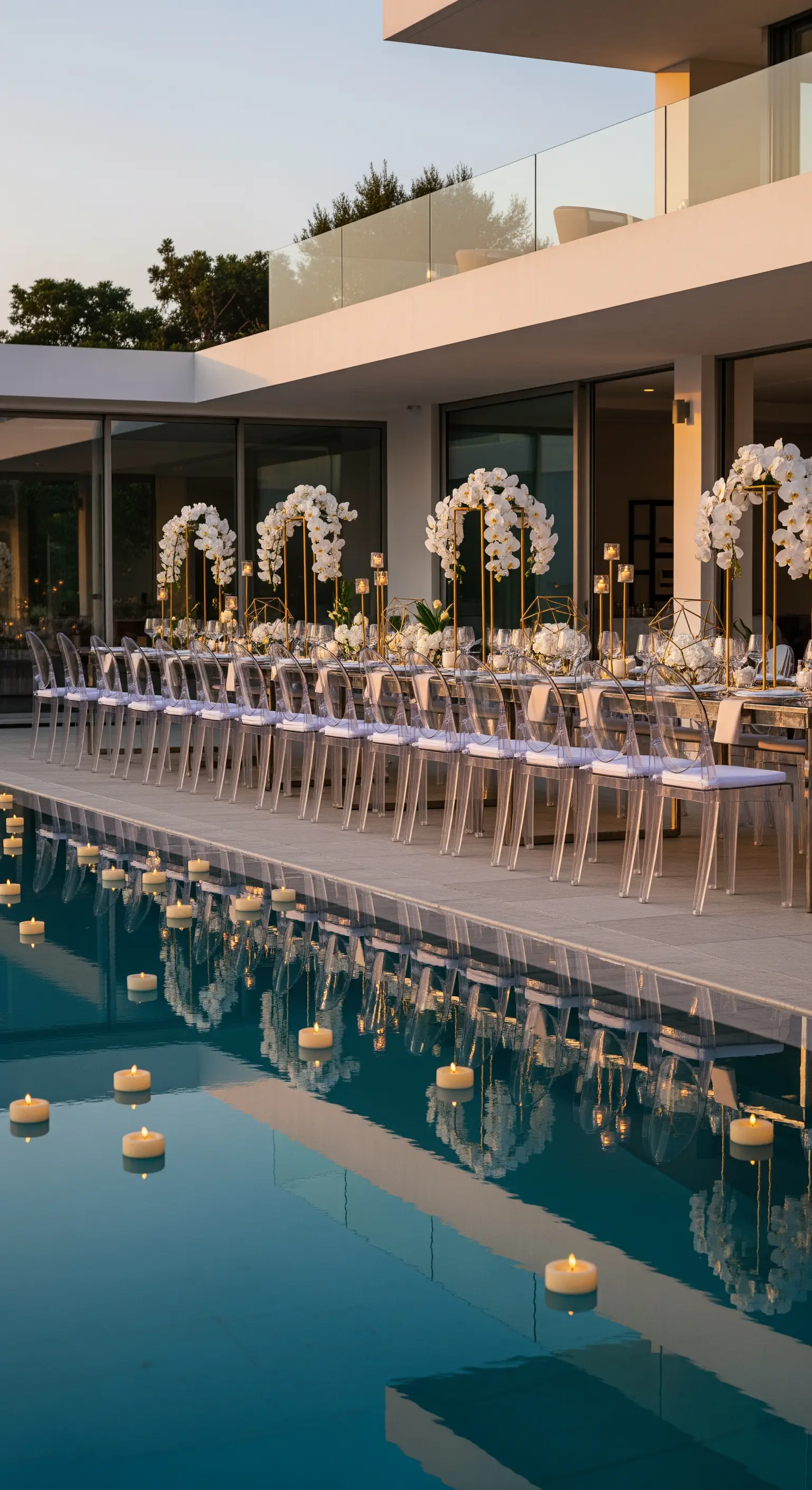 Langer Tisch mit weißen Orchideen und goldenen Kerzen am Pool mit schwimmenden Kerzen.