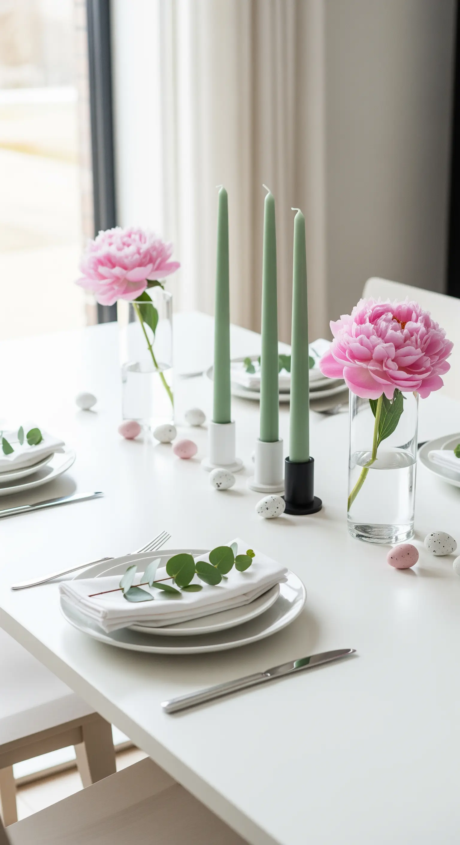 Moderne Ostertischdeko: Rosa Pfingstrosen, grüne Kerzen und Pastelleier