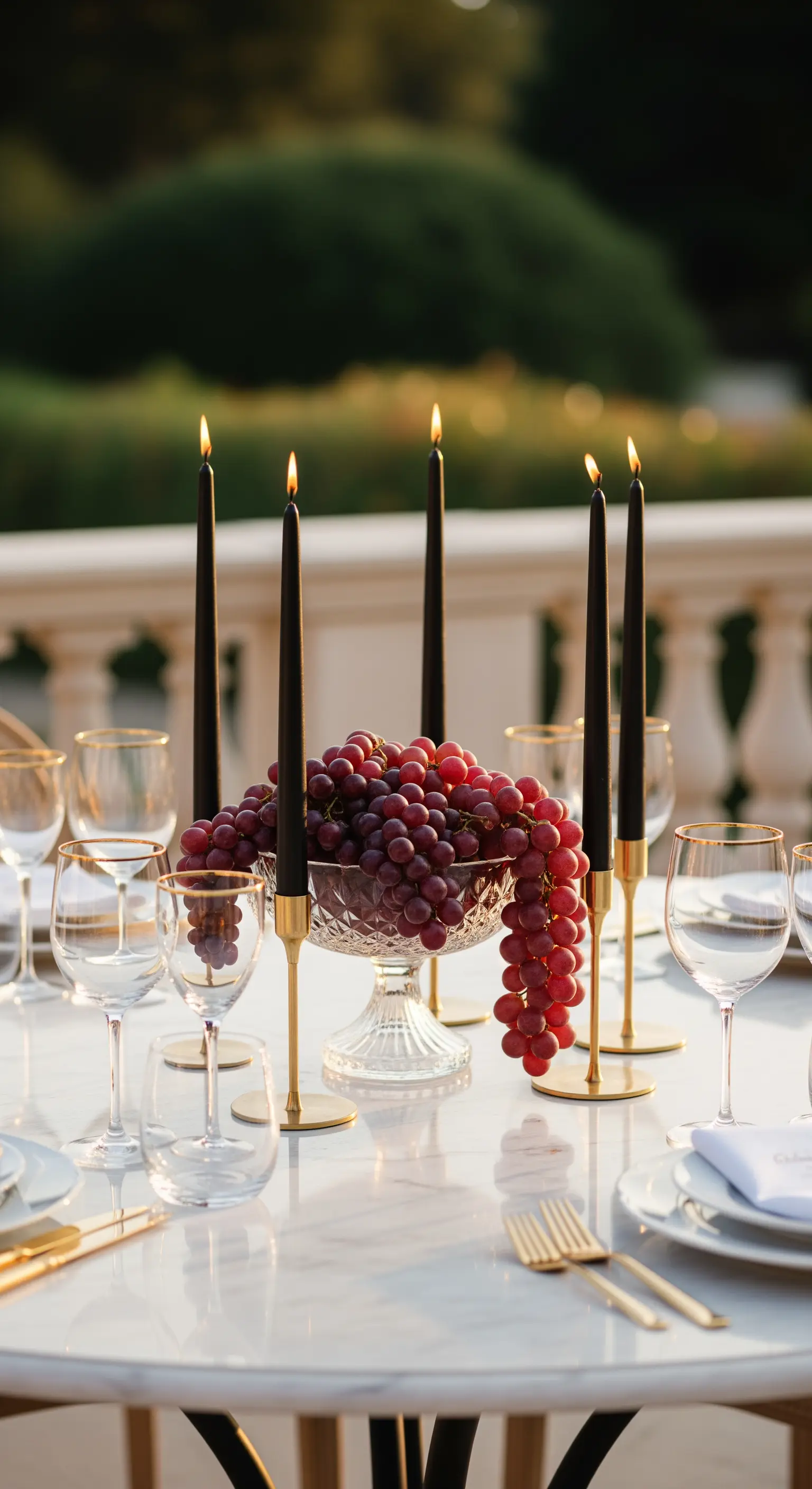 Marmortisch mit roten Trauben, hohen schwarzen Kerzen in Goldhaltern