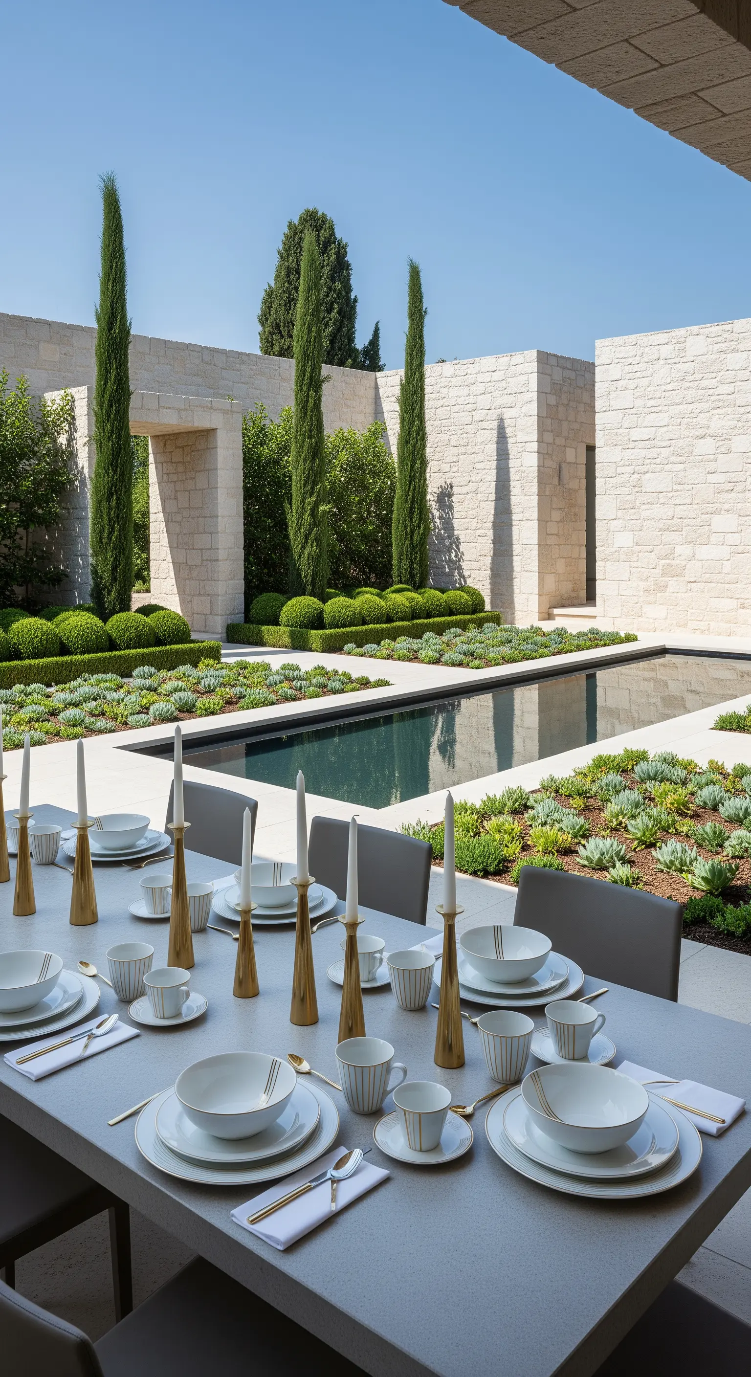 Minimalistische Outdoor-Tafel am Pool mit schlichtem Gold-Porzellan und modernen Kerzenleuchtern