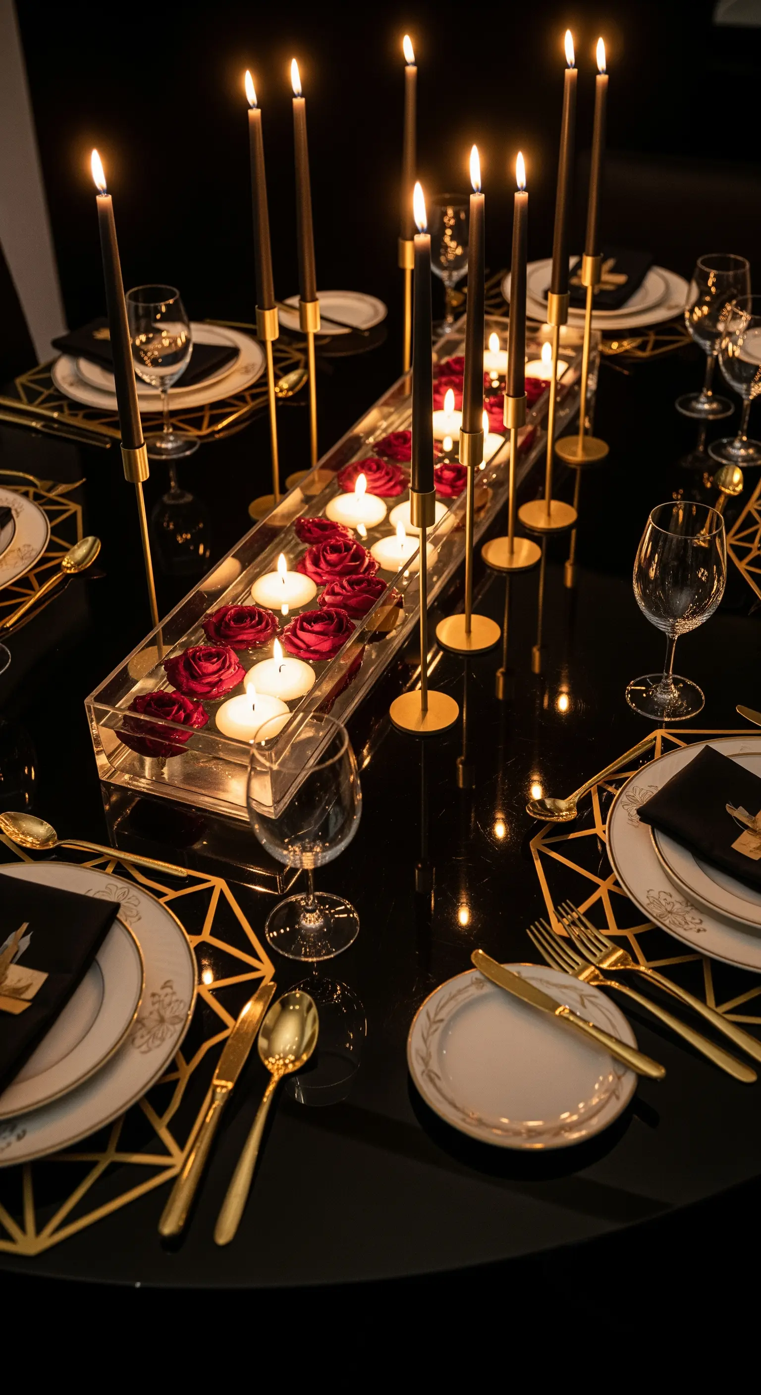 Moderner schwarzer Tisch mit Acrylbox-Centerpiece, Rosen und Schwimmkerzen.