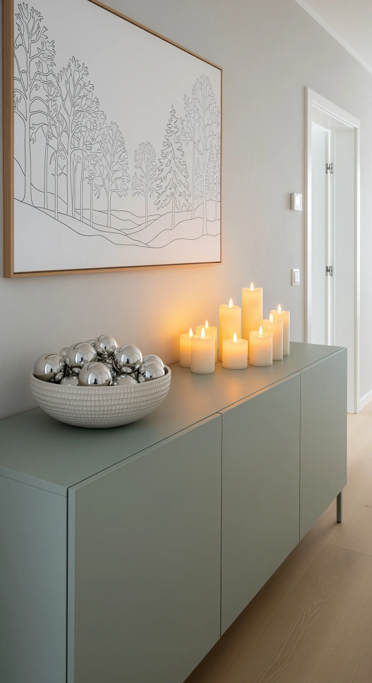 Modernes Sideboard mit Silberkugeln, LED-Kerzen und Waldmotiv-Bild