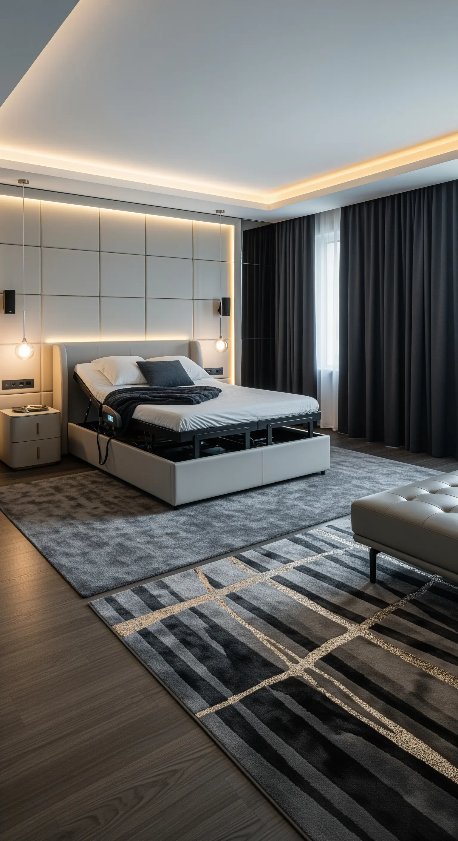 Modernes Luxus-Schlafzimmer mit zwei sich überlappenden grauen Teppichen mit unterschiedlichen Mustern