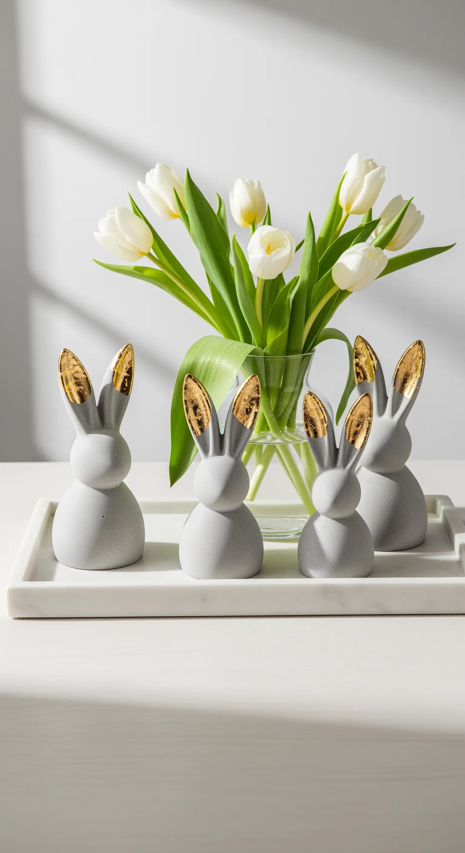 Minimalistische Betonhasen mit goldenen Ohren und weißen Tulpen auf einem Tablett