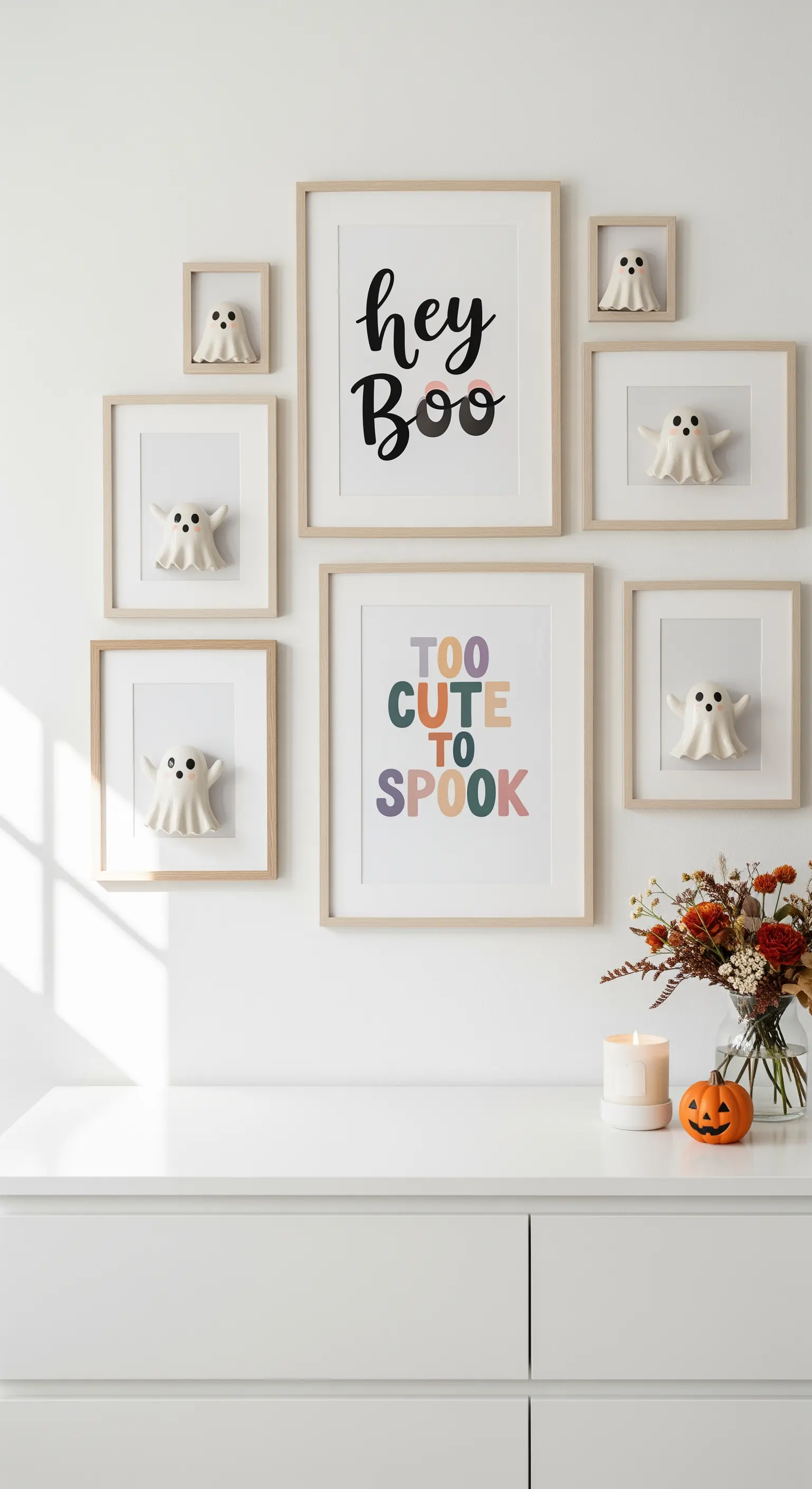 Eine moderne Bilderwand mit hellen Holzrahmen, Halloween-Sprüchen und kleinen 3D-Geisterfiguren.