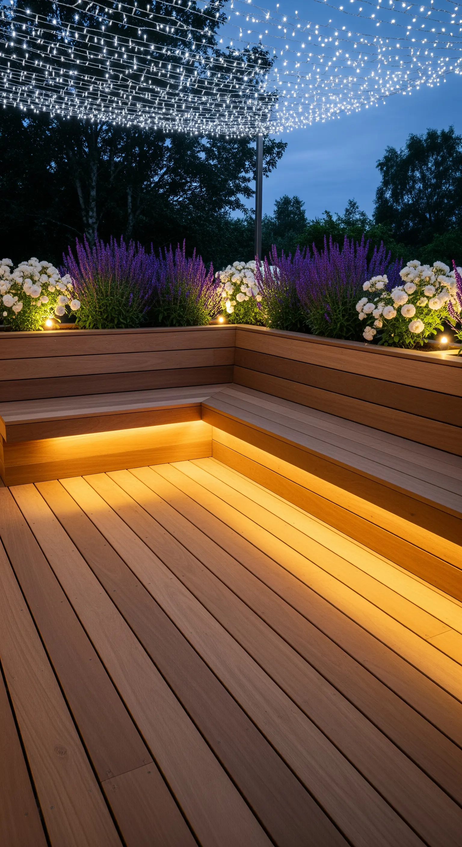 Holzterrasse mit integrierter Beleuchtung und Lichterketten-Sternenhimmel