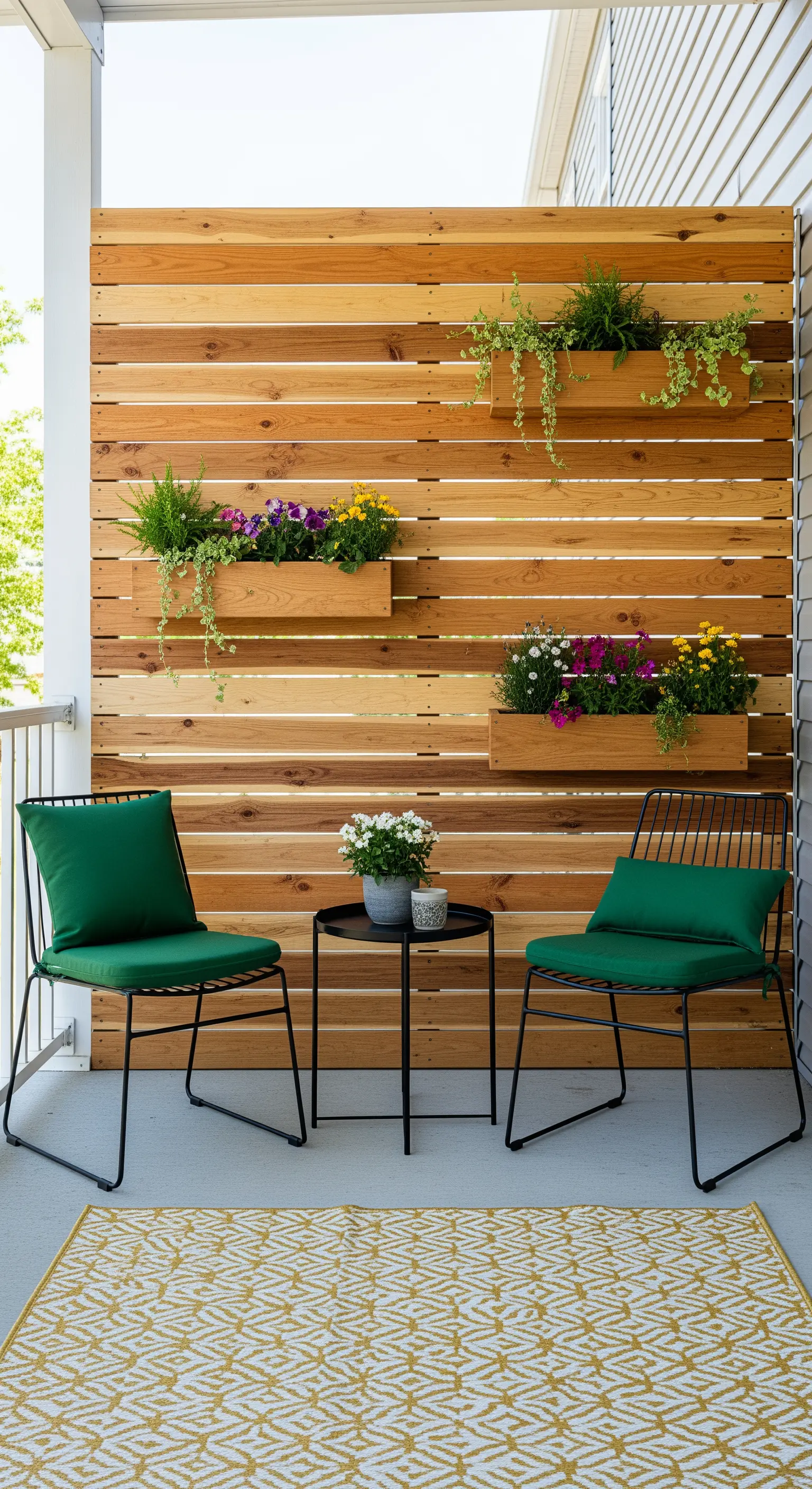 Moderne Veranda mit Holzwand, vertikalen Blumenkästen, Metallstühlen und geometrischem Teppich