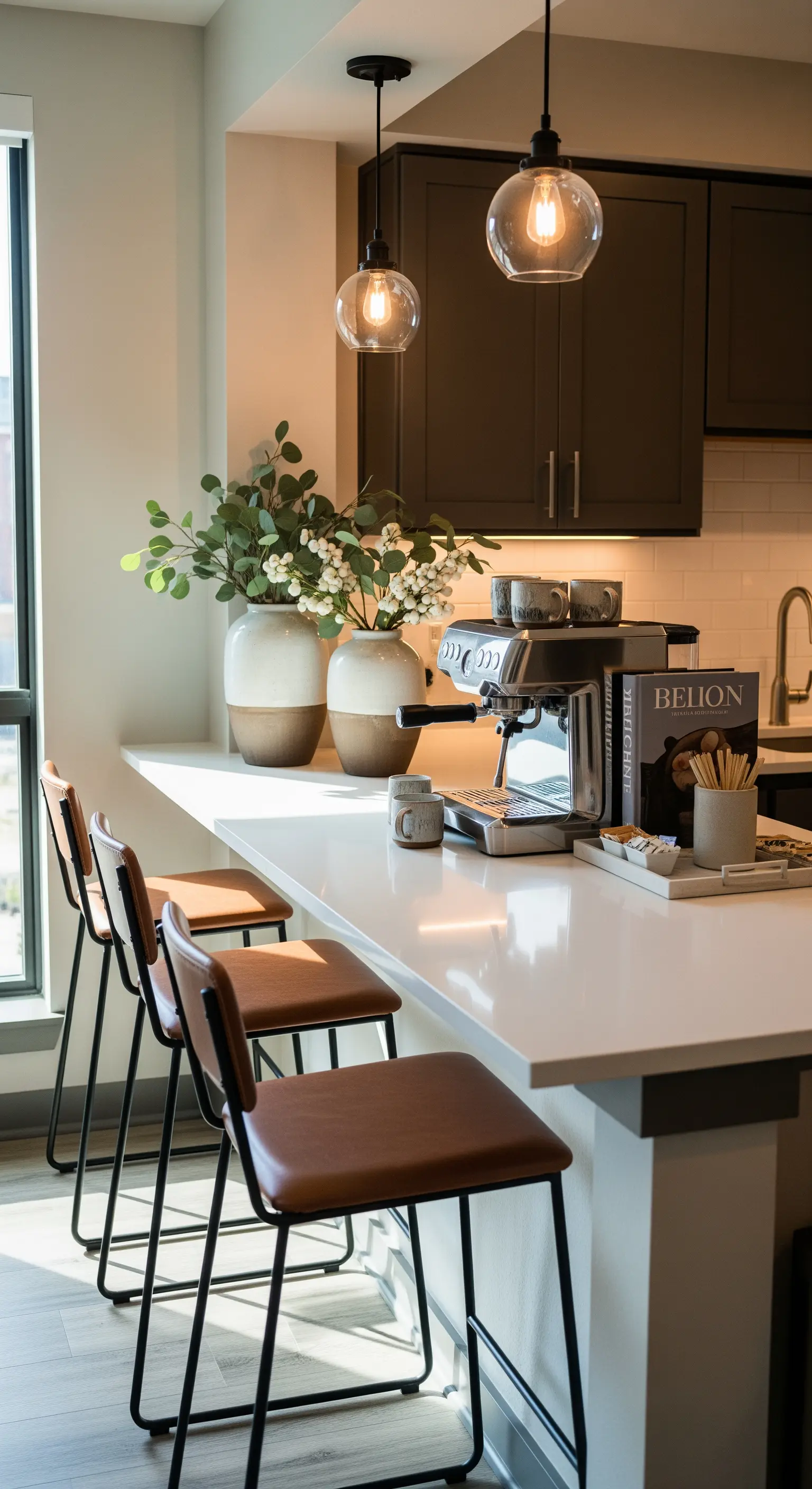 Moderne Kaffeestation mit Espressomaschine, Vasen und Barhockern