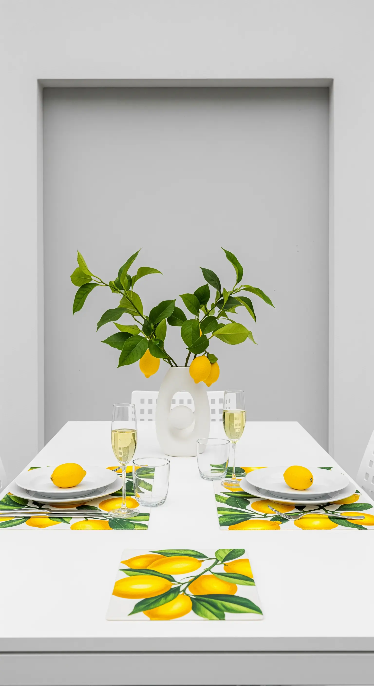 Minimalistischer weißer Tisch mit Zitronen-Platzsets und Vase mit Zitronenzweigen