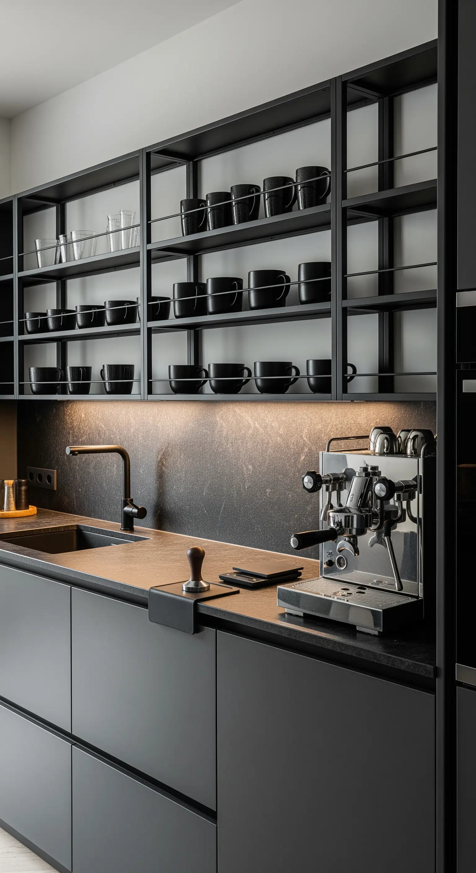 Moderne Küche mit offenen schwarzen Metallregalen, dunkler Arbeitsplatte und Espressomaschine