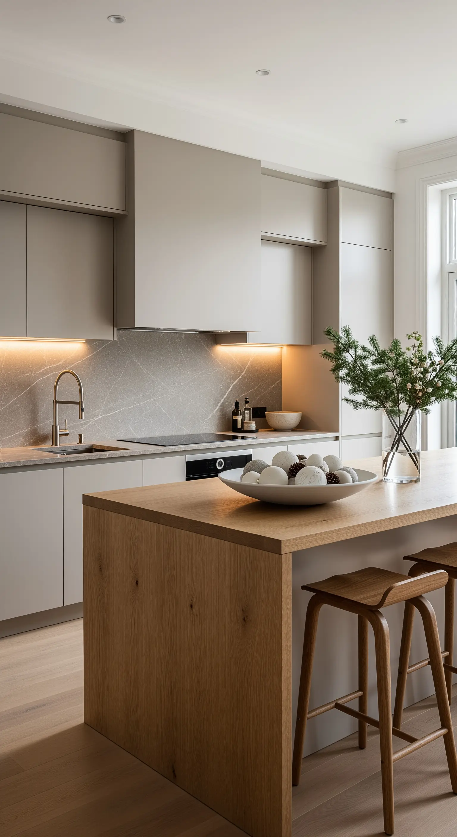 Küche mit Holzinsel, Kiefernzweigen und weißen Dekokugeln