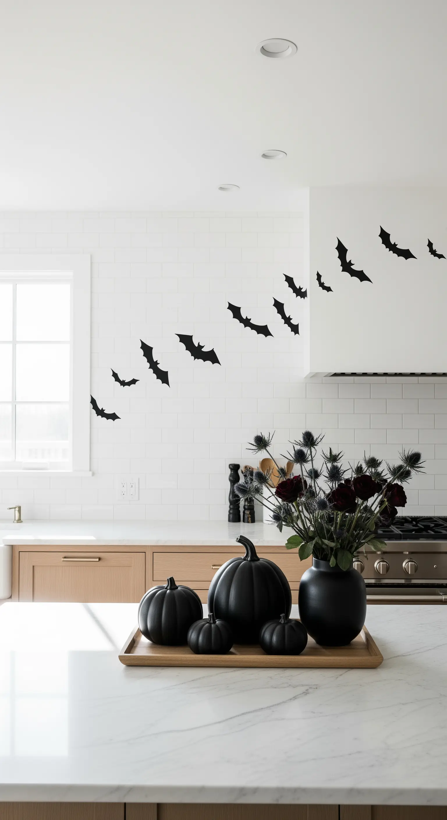 Kücheninsel mit schwarzen Kürbissen, dunklen Blumen und Fledermaus-Wandstickern.