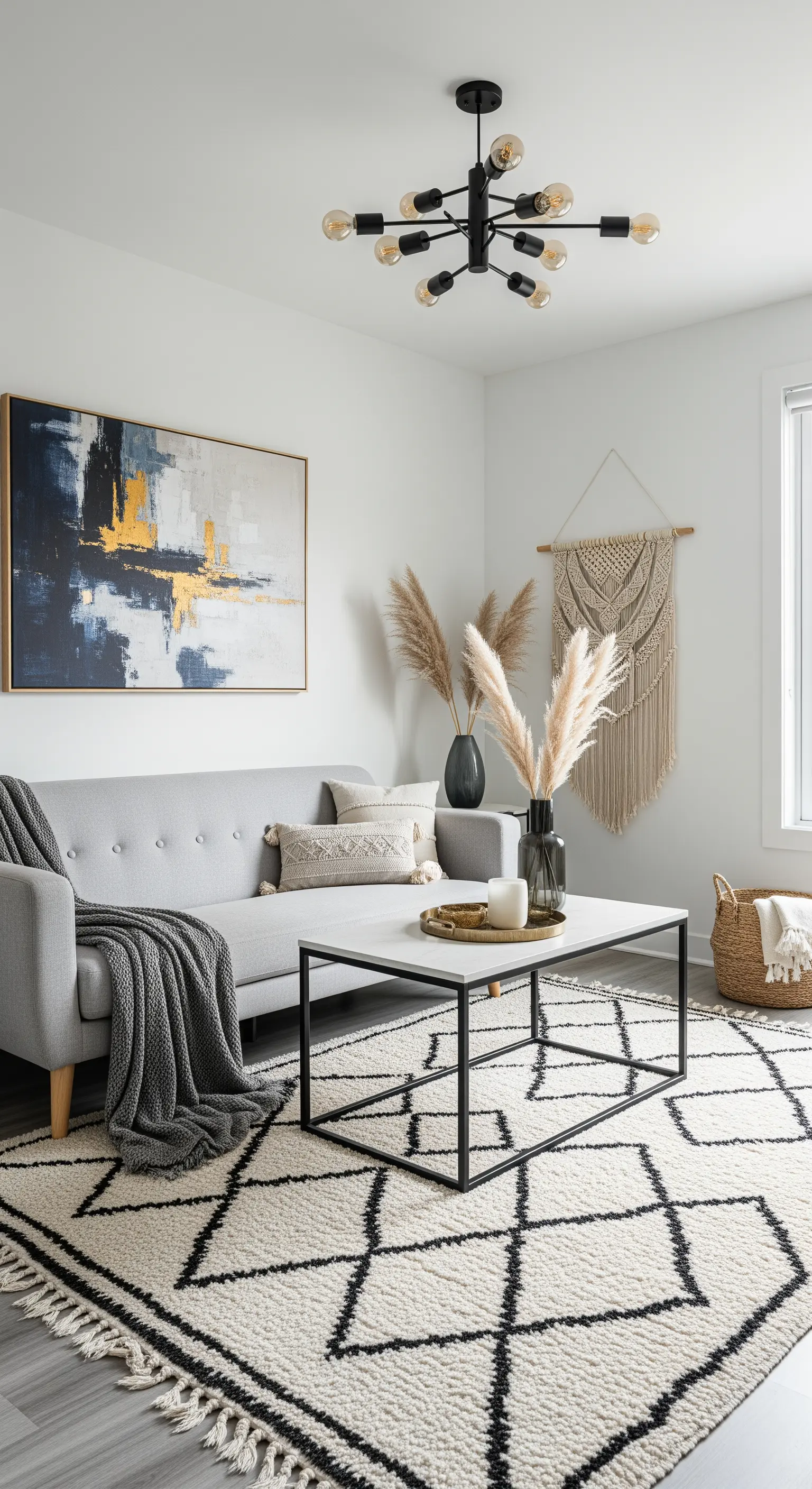 Modernes Wohnzimmer mit abstraktem Bild, grauem Sofa und einem marokkanischen Teppich.