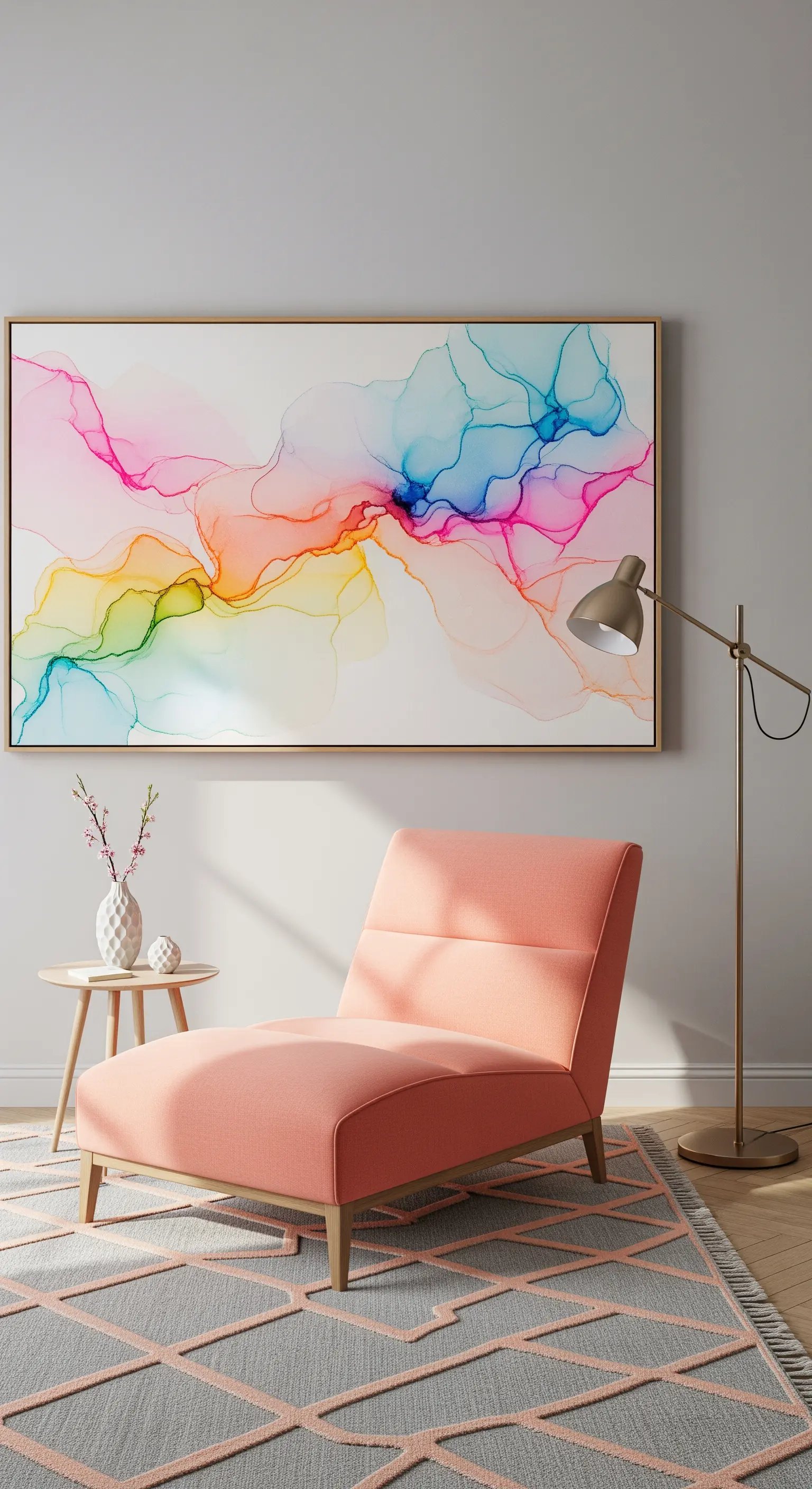 Pfirsichfarbene Chaiselongue, abstraktes Pastell-Wandbild, geometrischer Teppich