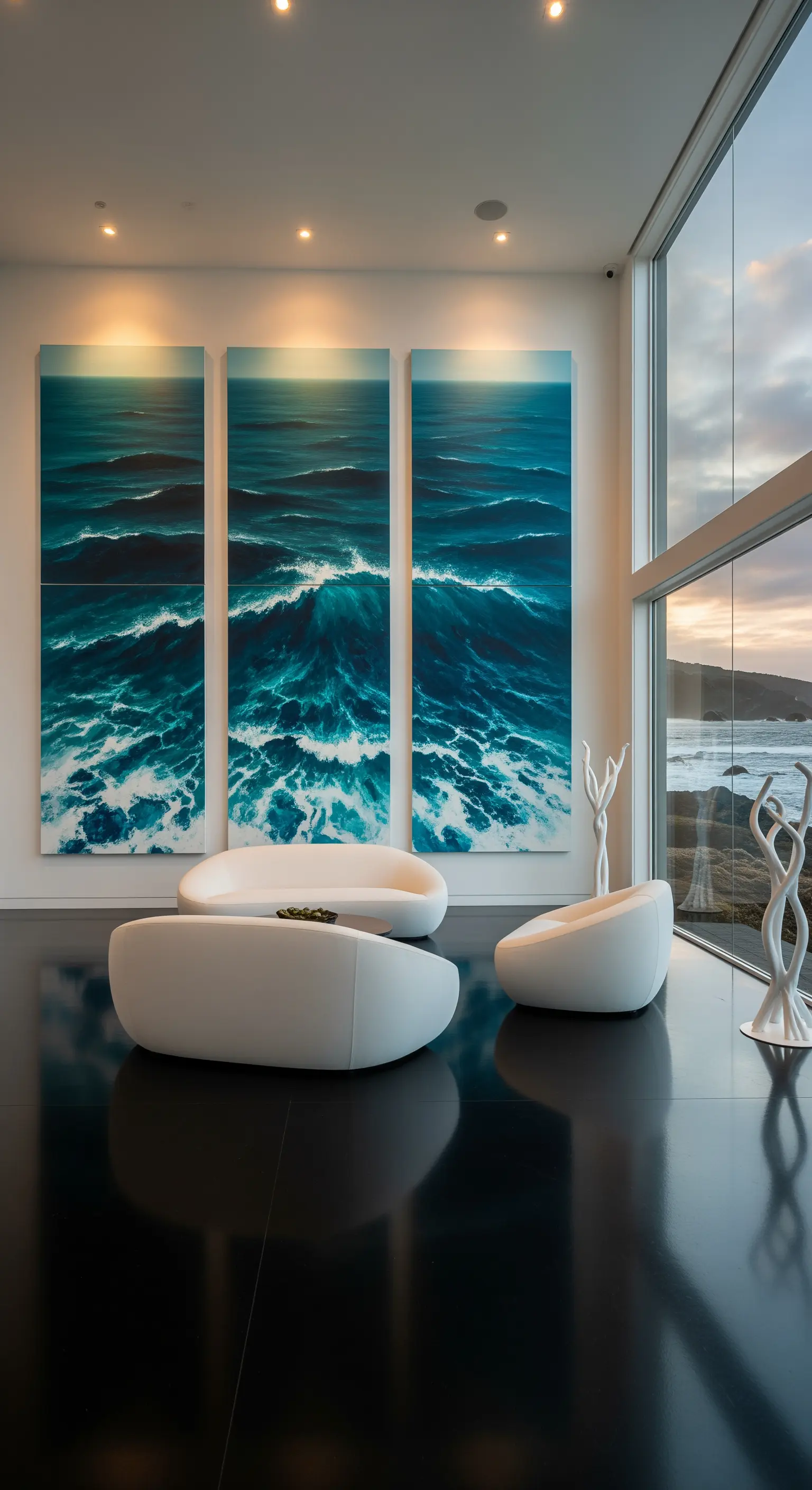 Moderne Kunstgalerie, Meeresbilder, weiße Skulpturen, Hochglanzboden, Meerblick